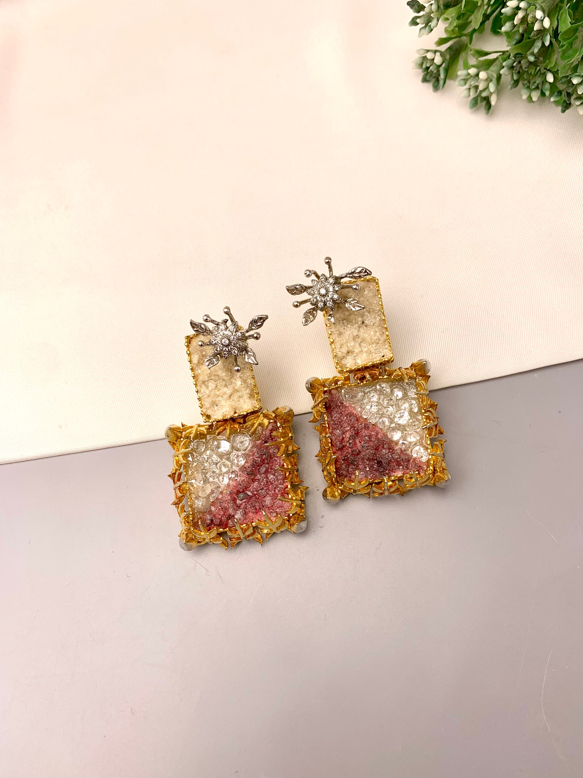 Yorkabel handcrafted earrings with American Diamonds and semi-precious natural gemstones, available in 22kt gold plated Ruby and rhodium oxidized Amethyst variants