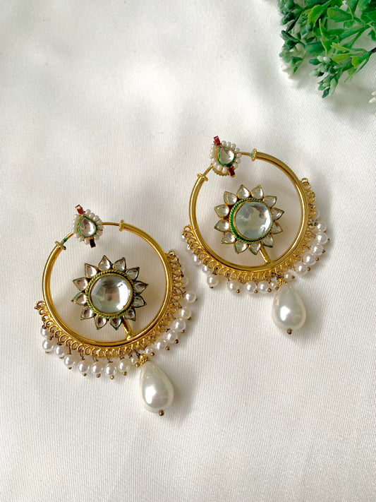 Handcrafted 22kt gold-plated chandbali earrings with Pachi Kundan and semi-precious pearls by Zamal Jewels