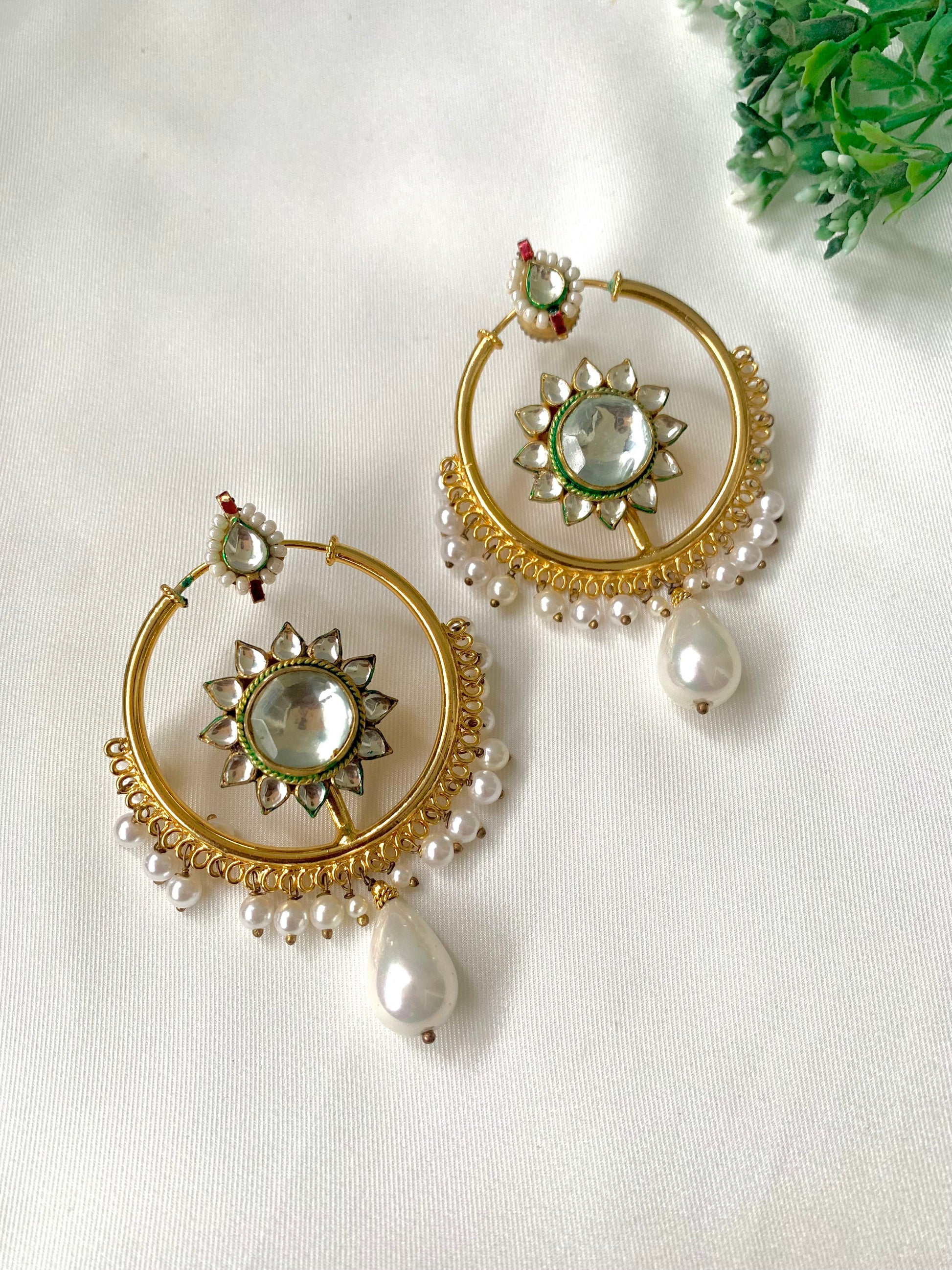 Handcrafted 22kt gold-plated chandbali earrings with Pachi Kundan and semi-precious pearls by Zamal Jewels