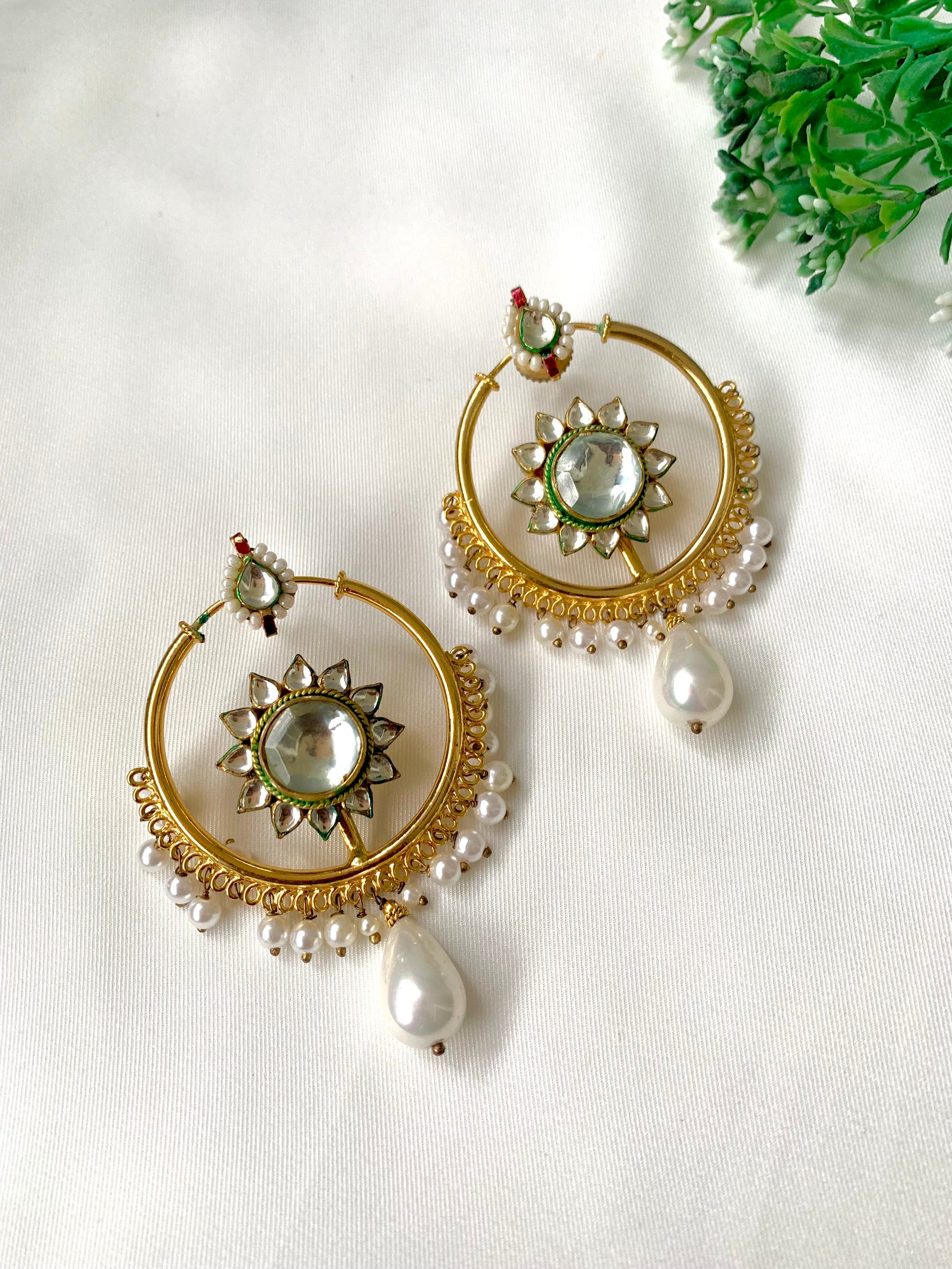 Handcrafted 22kt gold-plated chandbali earrings with Pachi Kundan and semi-precious pearls by Zamal Jewels