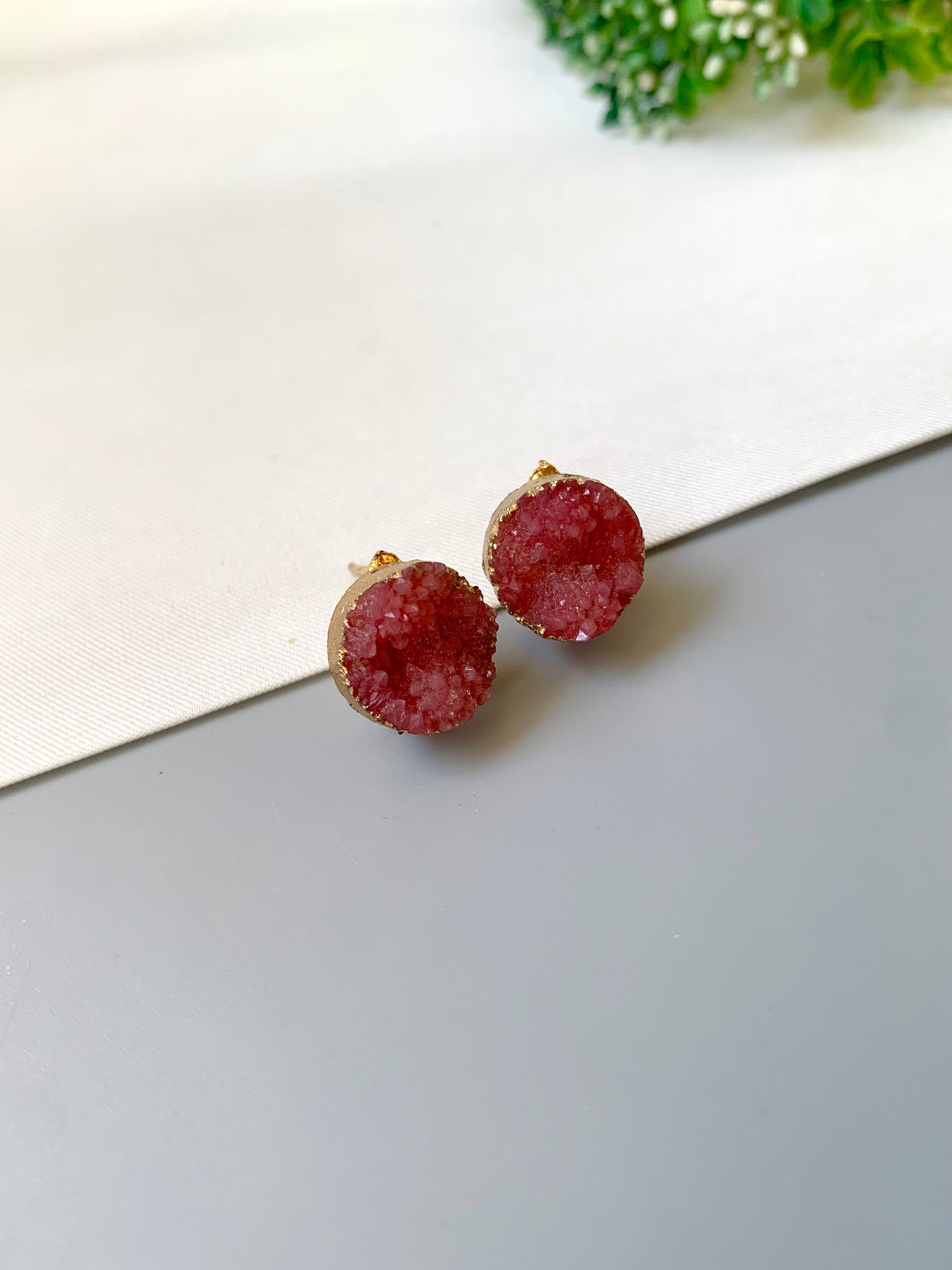 Pink sugar druzee stone studs in 22kt gold plating