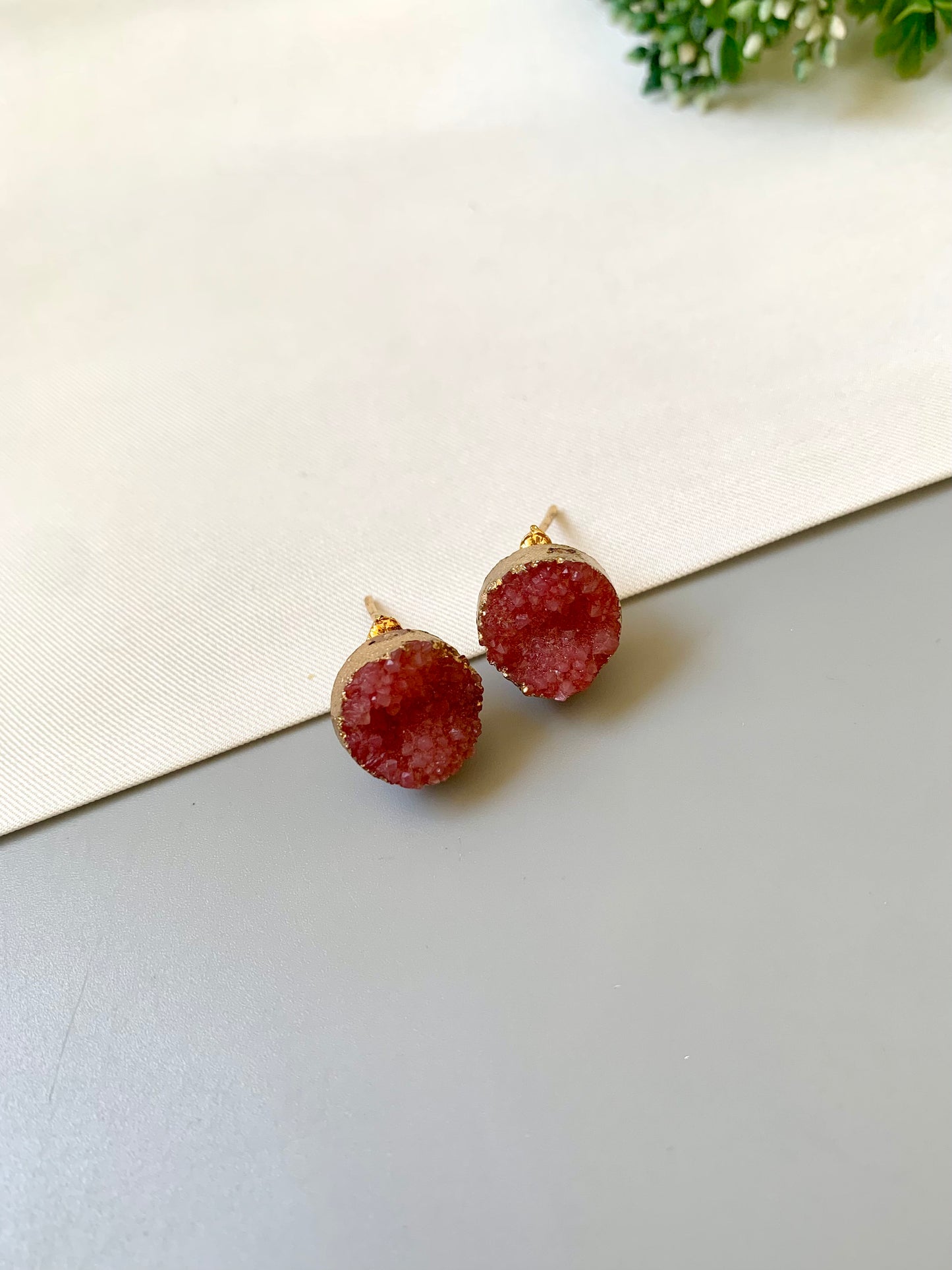 Pink sugar druzee stone studs in 22kt gold plating