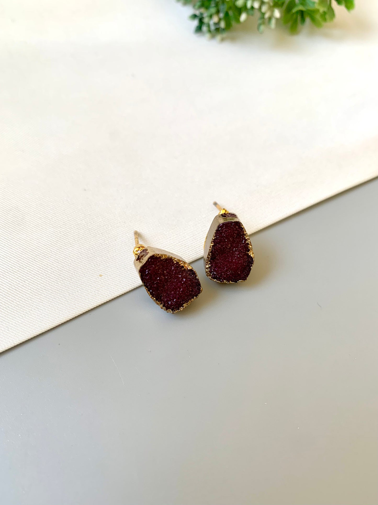 Handcrafted 22kt gold plated ruby salt druzee stone studs