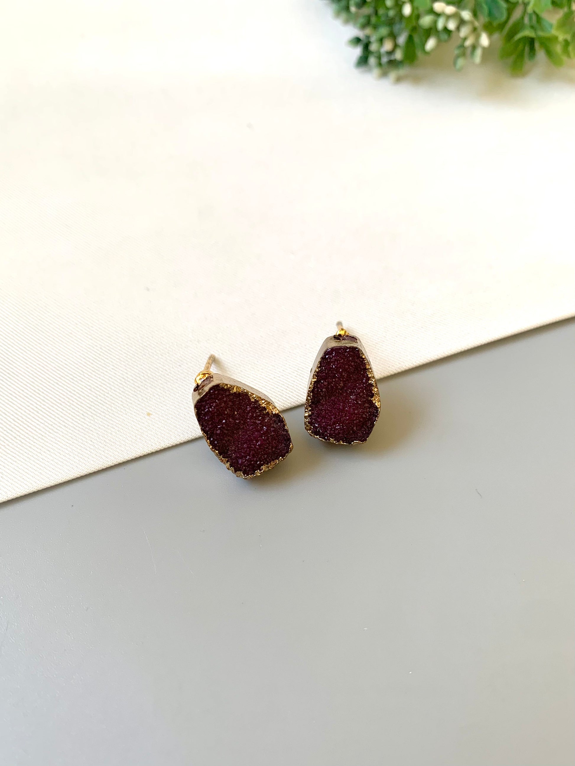 Red druzy earrings on a white surface with a blurred green plant in the background