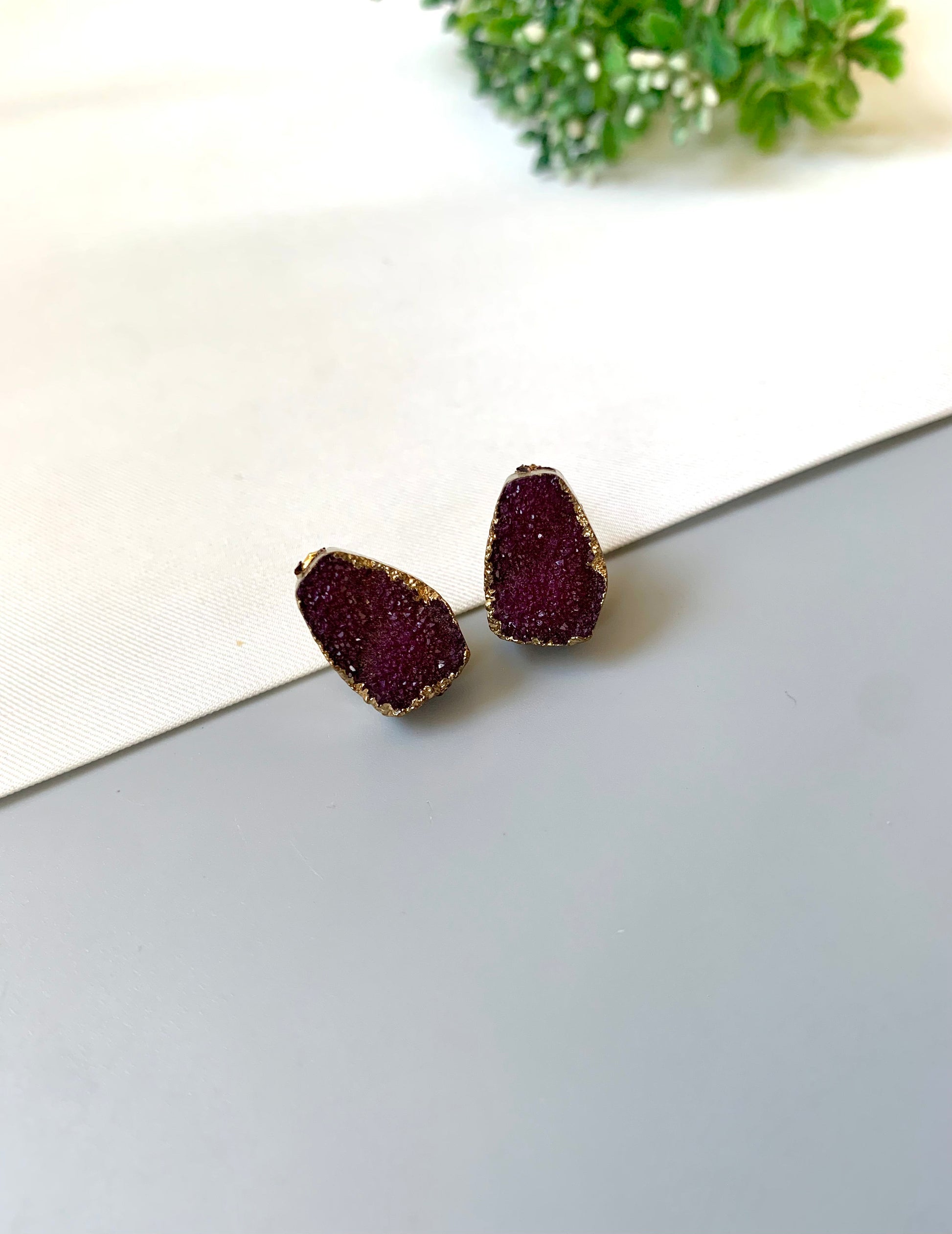 Handcrafted 22kt gold plated ruby salt druzee stone studs