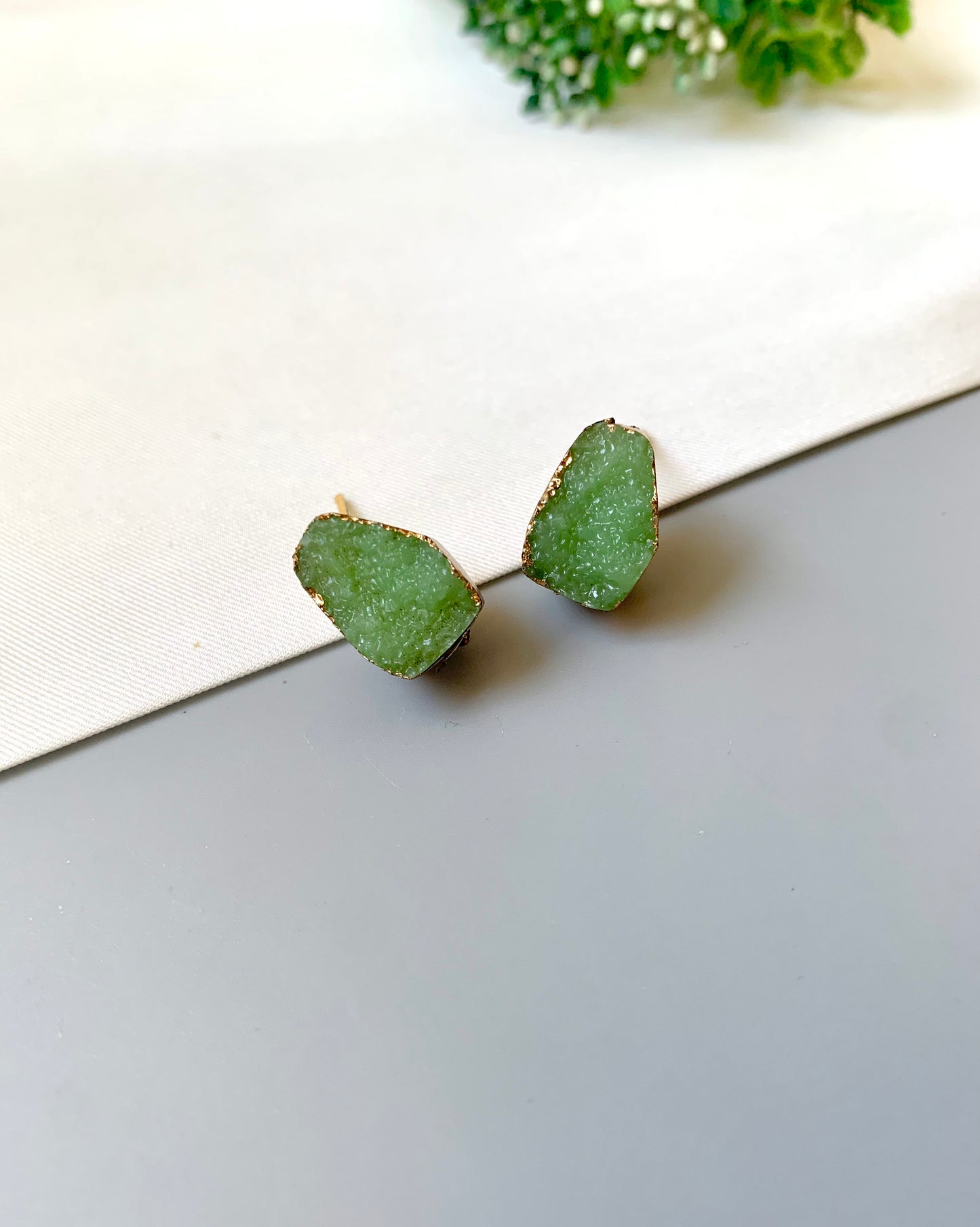 Handcrafted 22kt gold plated mint salt druzee stone studs