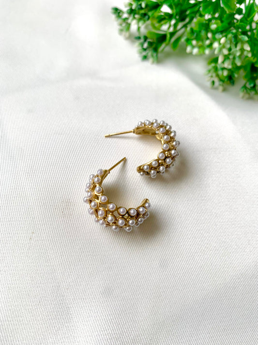 Amara Pearl Hoops by Zamal Jewels – handcrafted 22kt gold plated hoop earrings with delicate pearls, front view