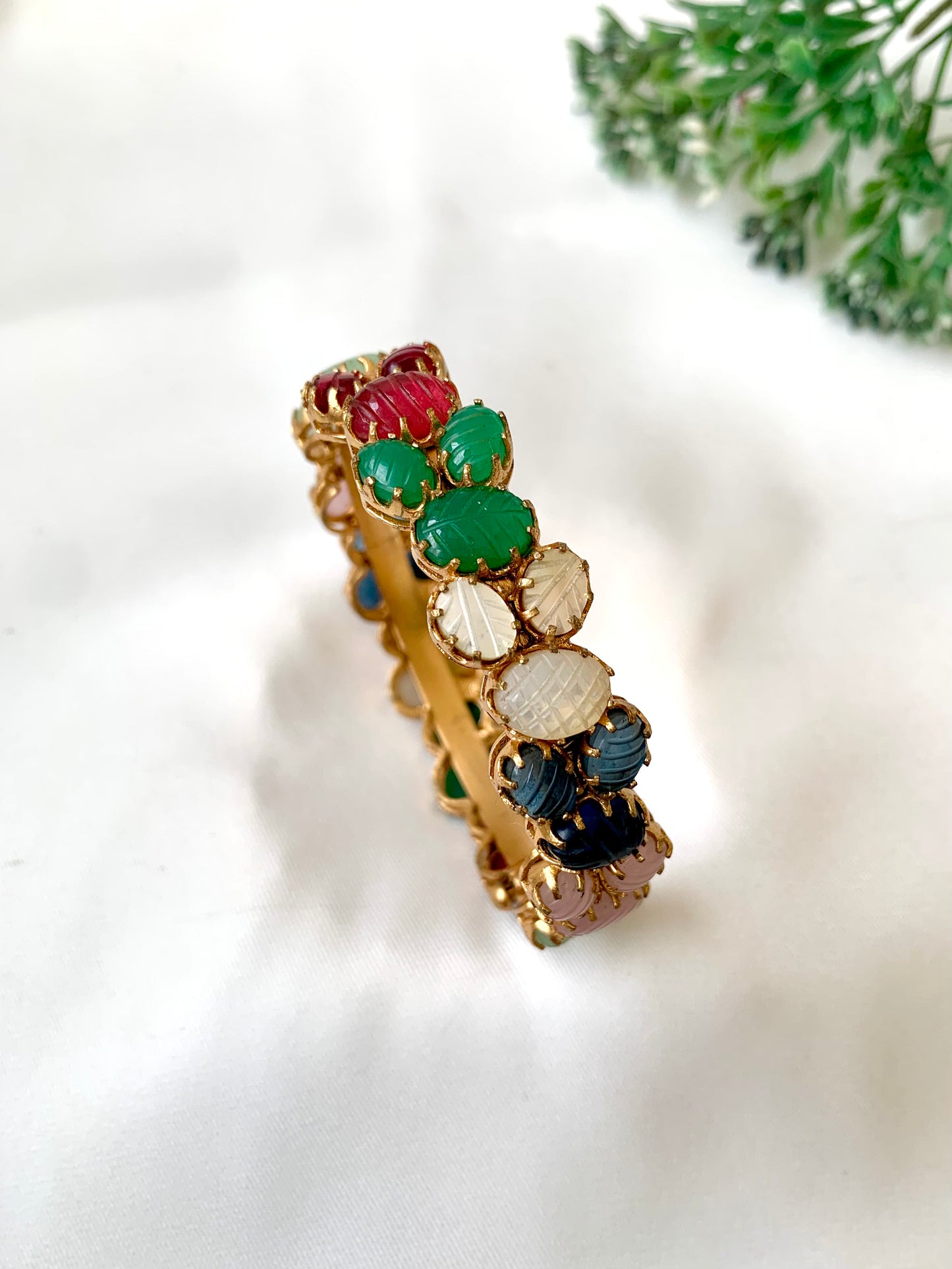 Handcrafted Ameira Bangle in 22kt gold plating with carved Mother of Pearl, Ruby, Emerald, Sapphire & Onyx stones — openable screw bangle by Zamal Jewels.