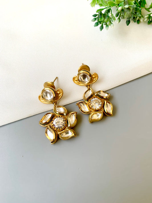 Handcrafted Aneya Kundan Earrings in 22kt gold plating with high-quality Bikanairi Kundan by Zamal Jewels.