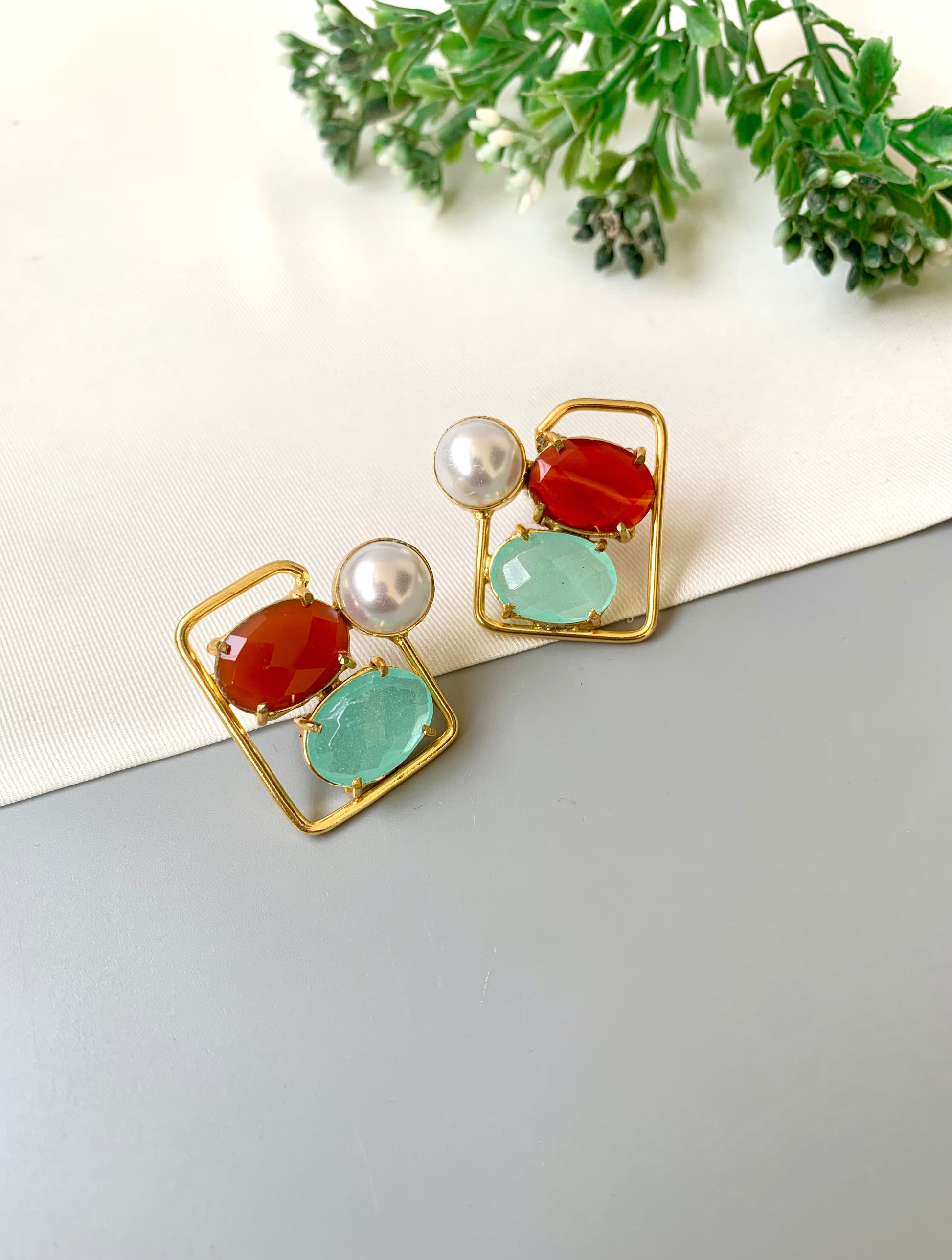 Handcrafted Aureva Studs in Coral Mint with pearl and natural gemstones, 22kt gold plated — by Zamal Jewels.