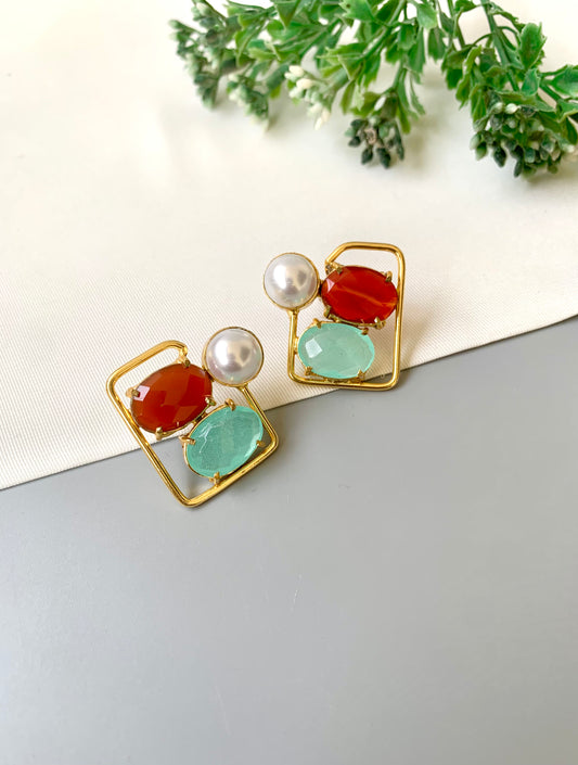 Handcrafted Aureva Studs in Coral Mint with pearl and natural gemstones, 22kt gold plated — by Zamal Jewels.