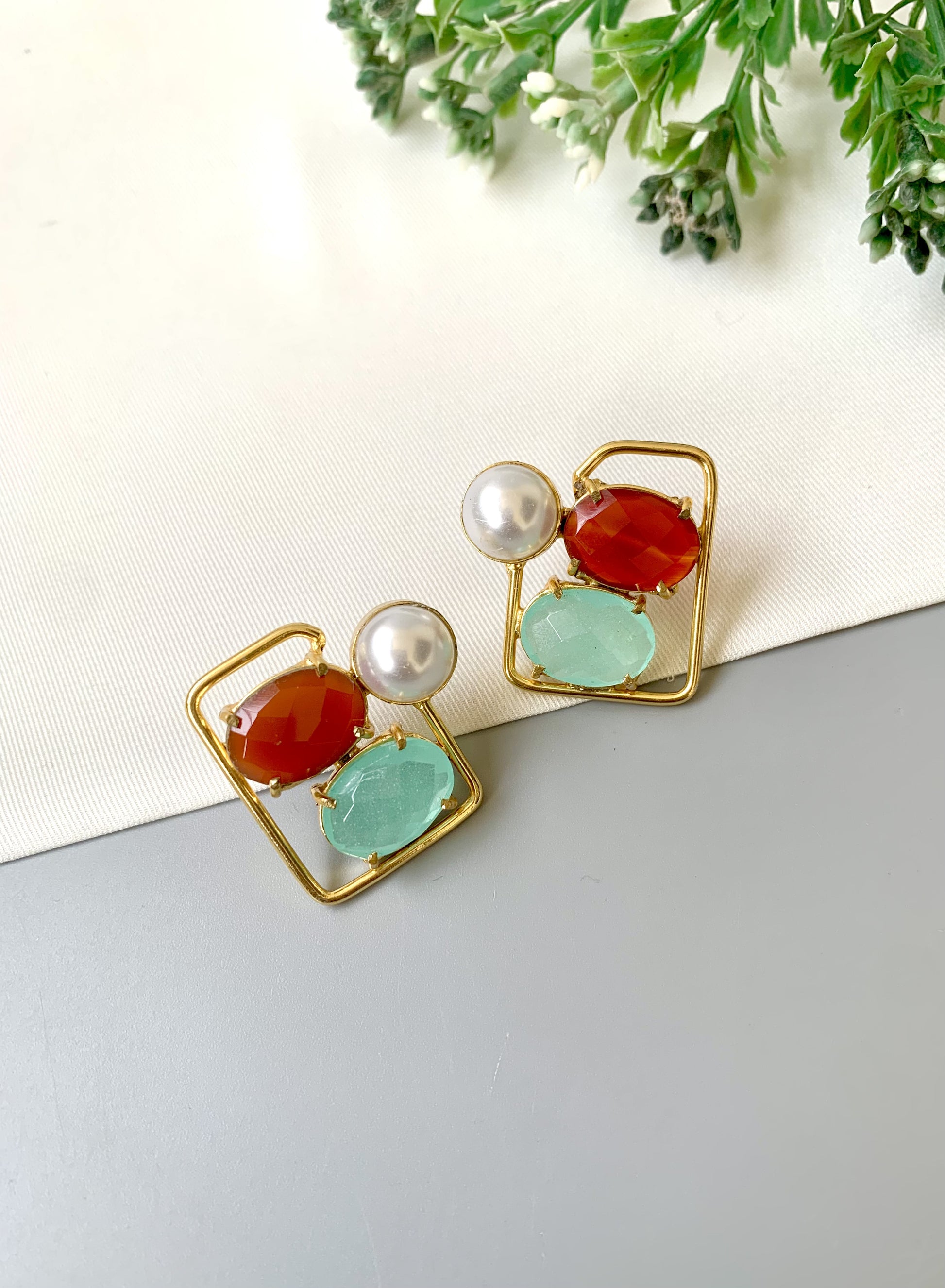 Handcrafted Aureva Studs in Coral Mint with pearl and natural gemstones, 22kt gold plated — by Zamal Jewels.