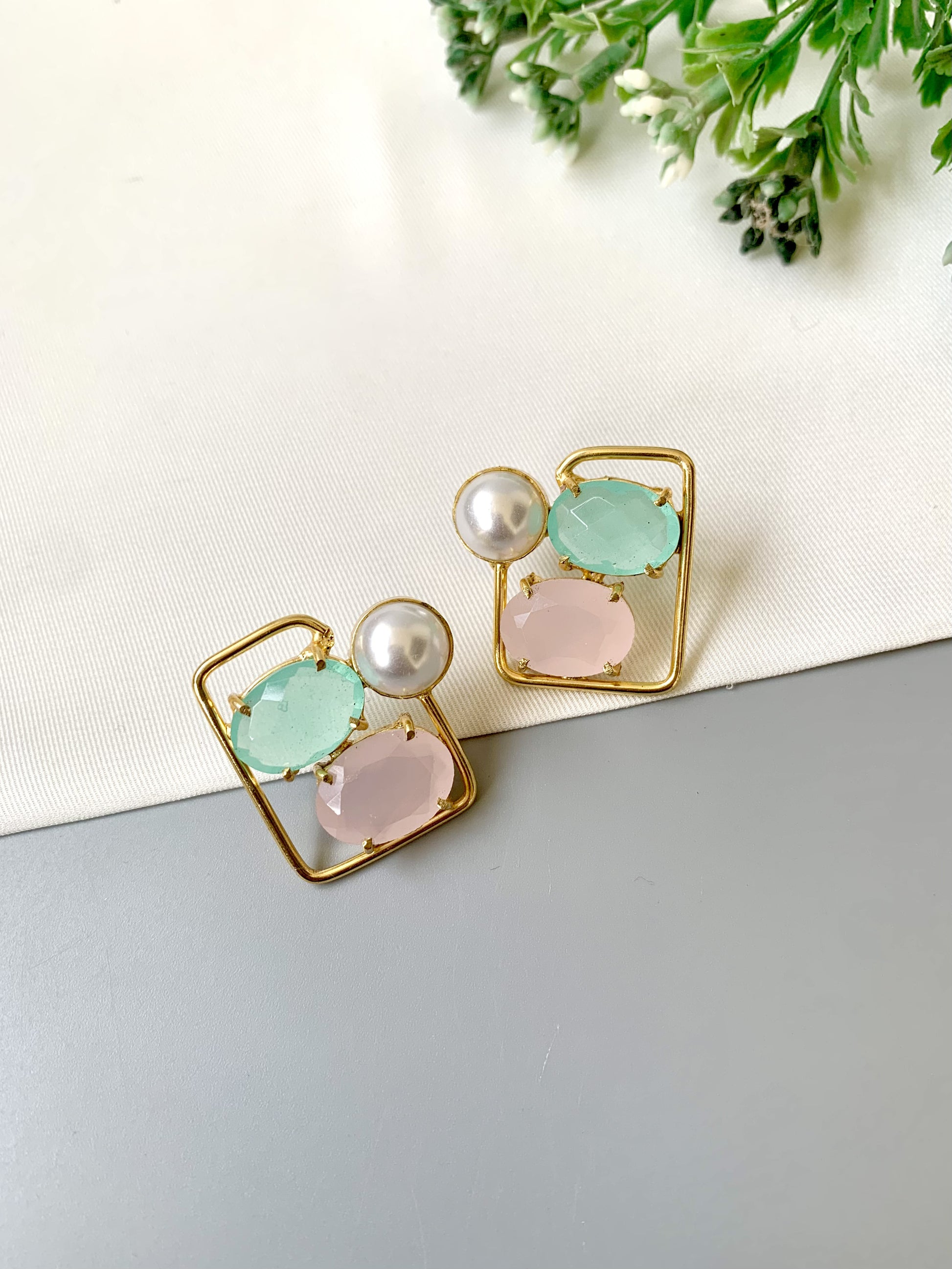Handcrafted Mint Pink Aureva Studs in 22kt gold plating with pearl and natural gemstones — by Zamal Jewels.