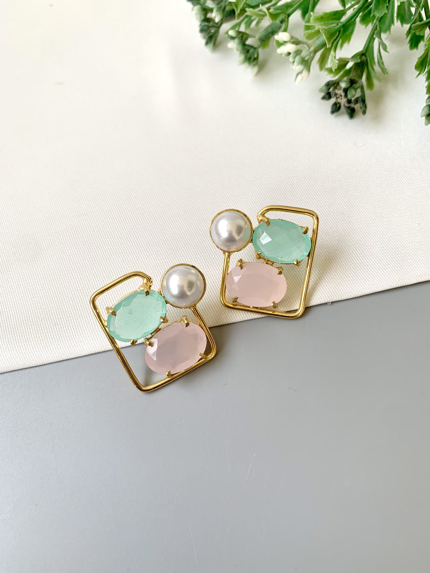 Handcrafted Mint Pink Aureva Studs in 22kt gold plating with pearl and natural gemstones — by Zamal Jewels.