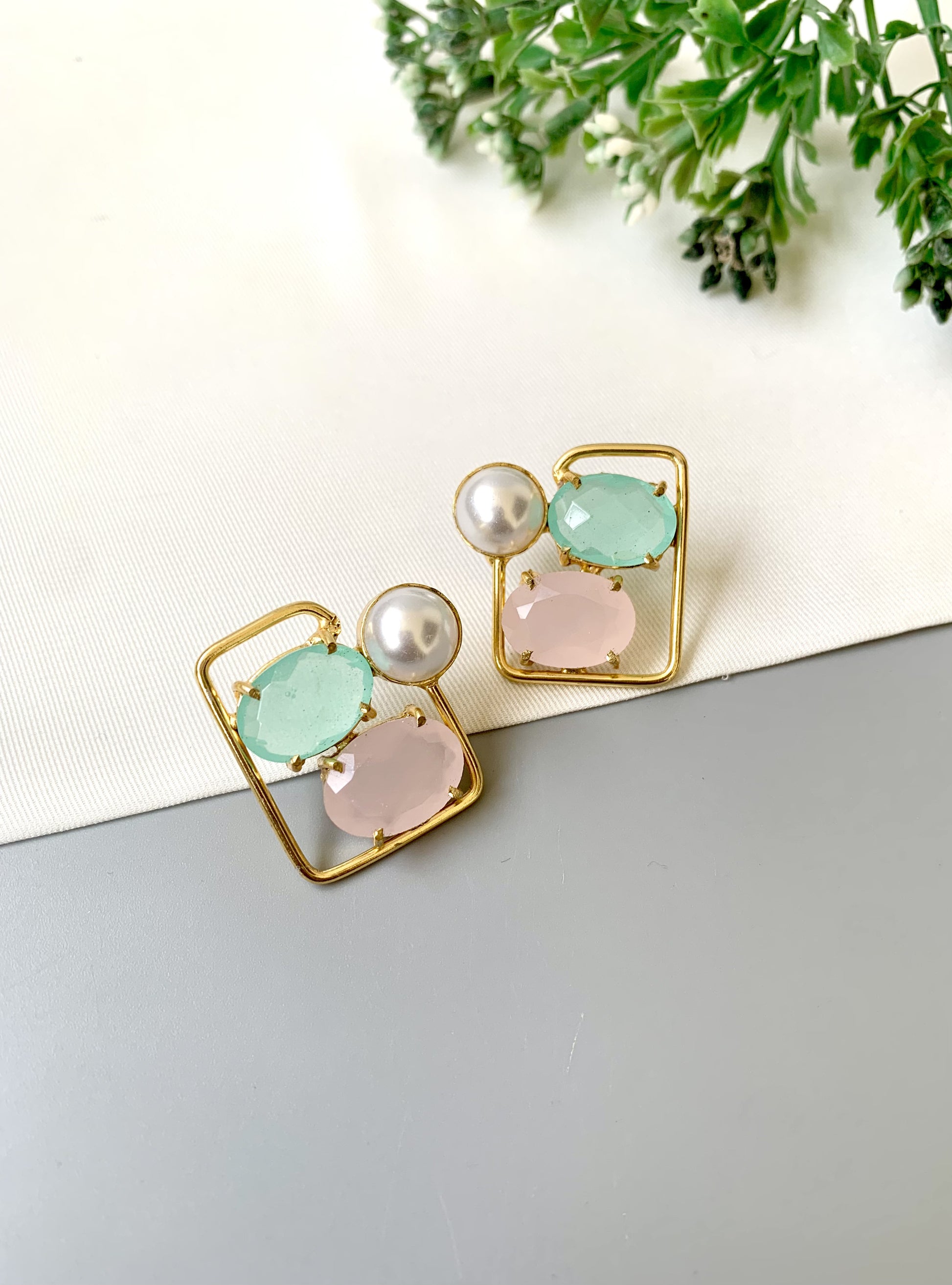 Handcrafted Mint Pink Aureva Studs in 22kt gold plating with pearl and natural gemstones — by Zamal Jewels.