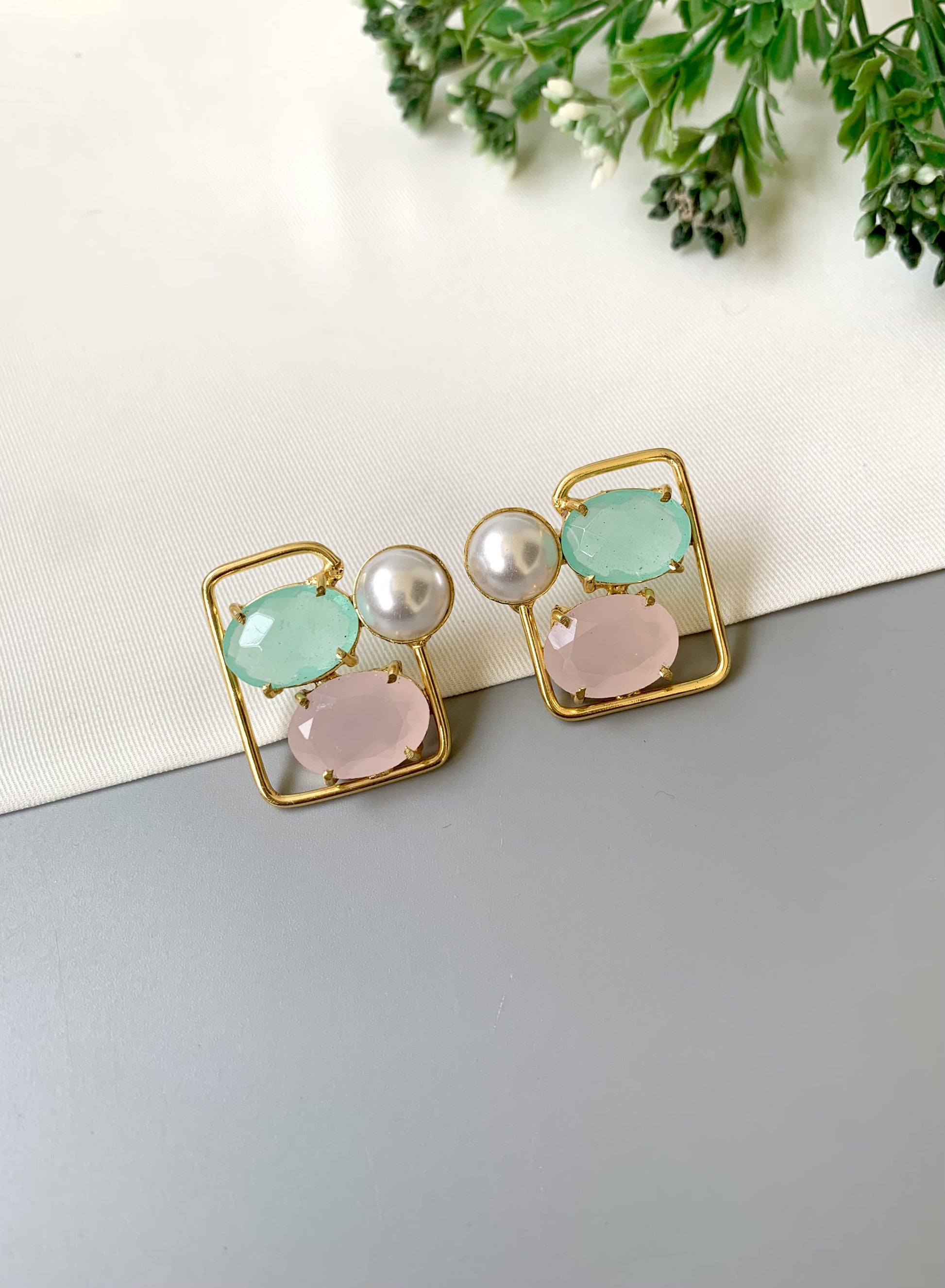 Handcrafted Mint Pink Aureva Studs in 22kt gold plating with pearl and natural gemstones — by Zamal Jewels.