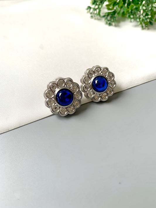 Handcrafted rhodium-plated Cyanora Studs with semi-precious sapphire center and American Diamonds – Zamal Jewels