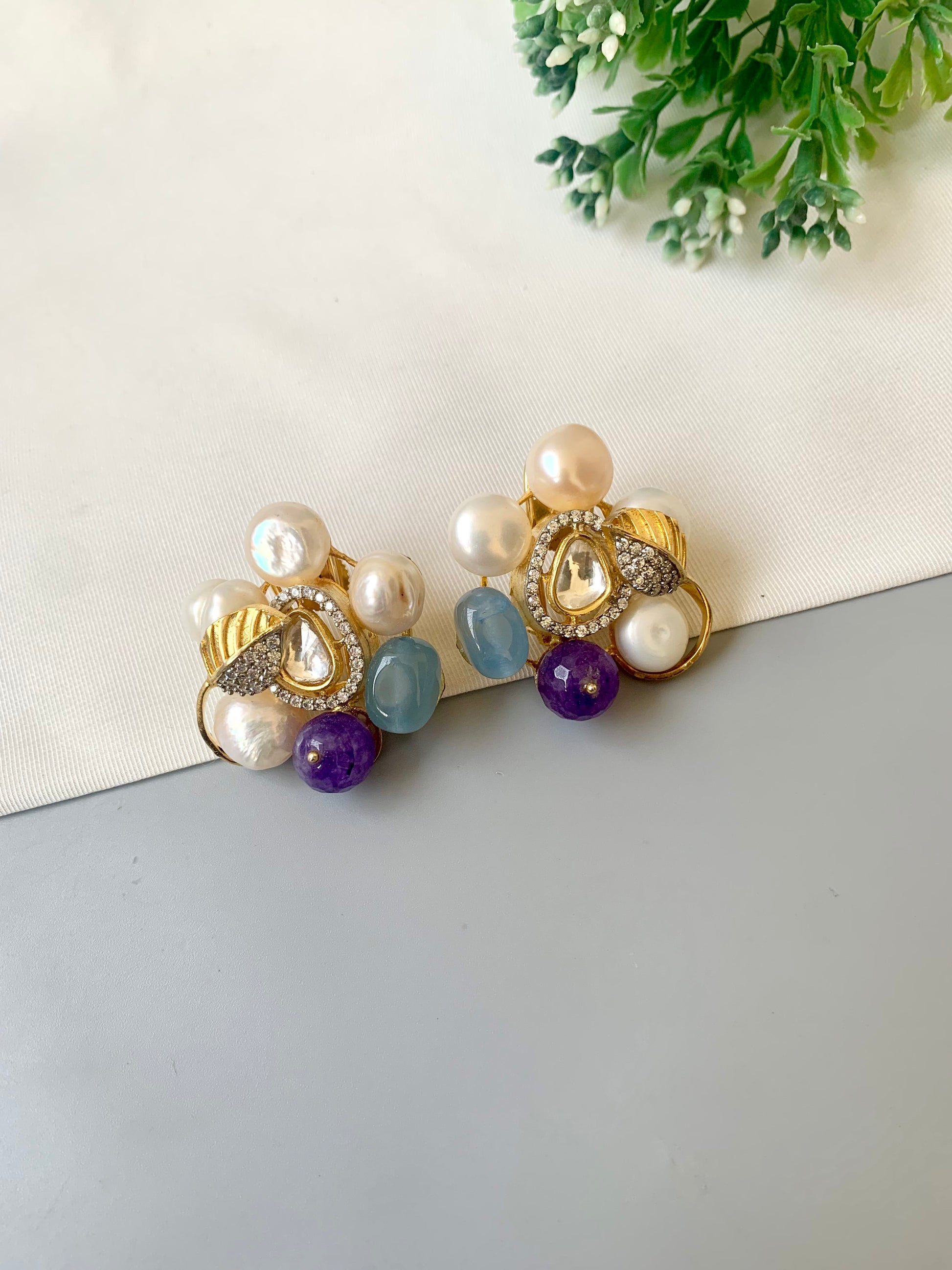 22kt gold plated Polki Kundan studs with blue melon beads and Baroque pearls by Zamal