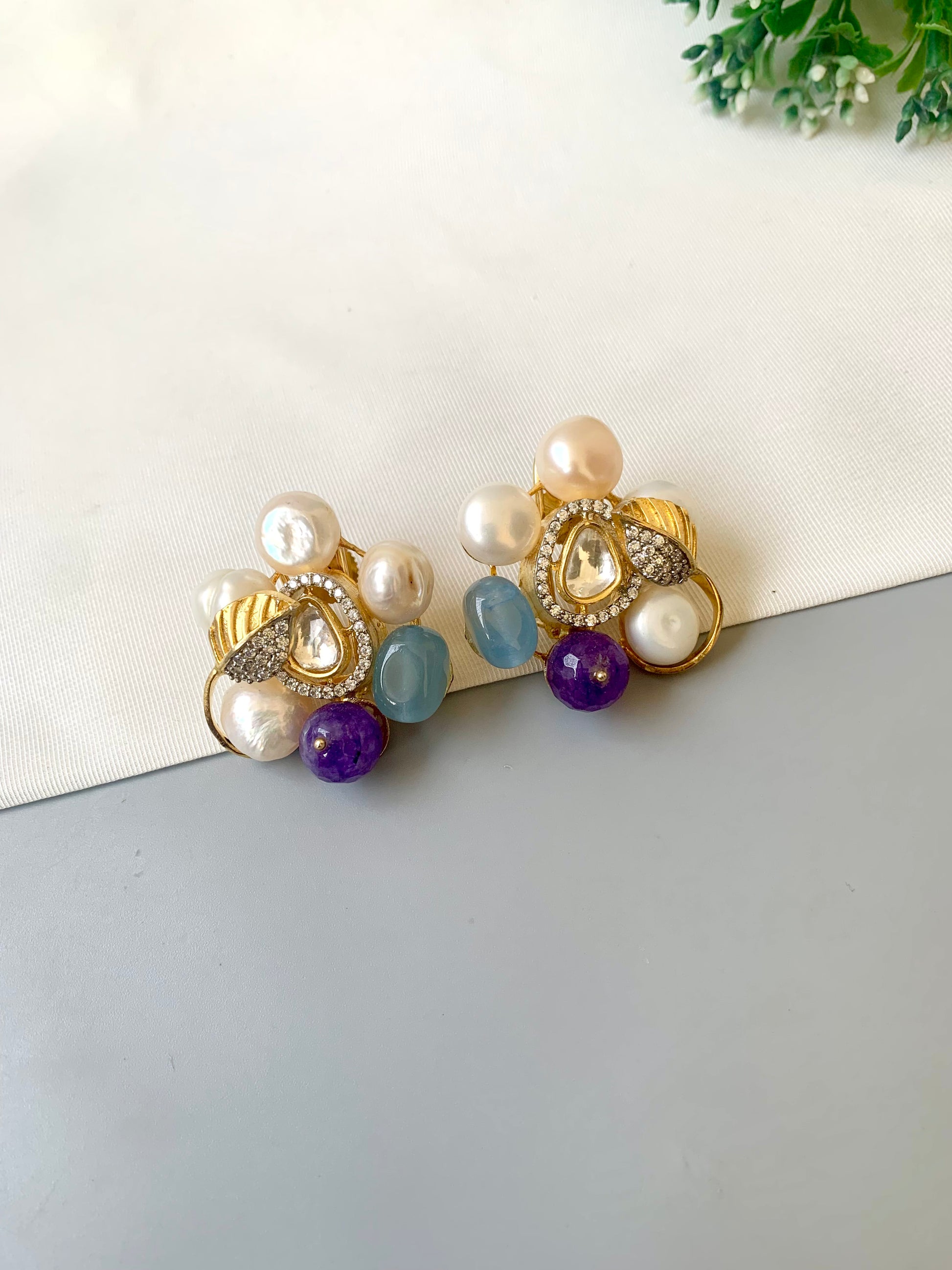 22kt gold plated Polki Kundan studs with blue melon beads and Baroque pearls by Zamal
