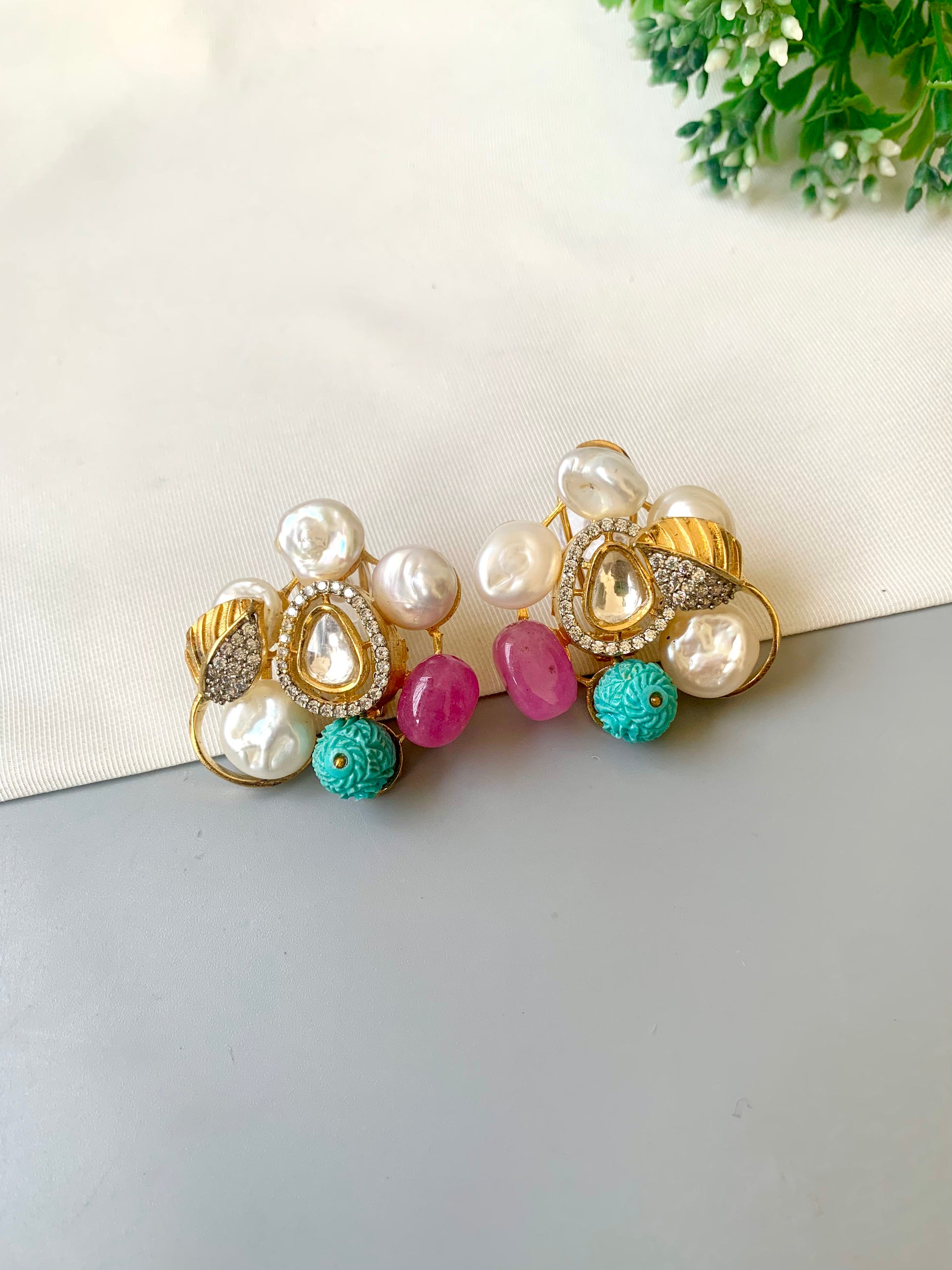 22kt gold plated Polki Kundan studs with pink melon beads and Baroque pearls by Zamal