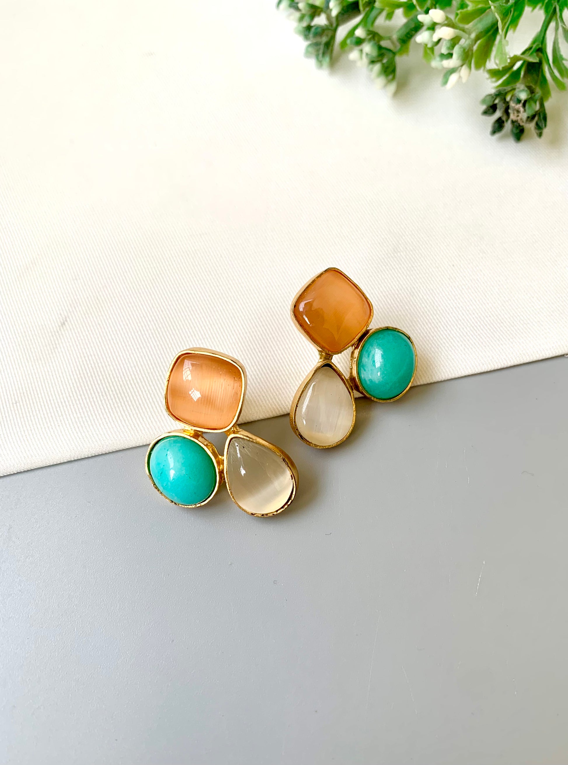 Handcrafted Elaris Studs in Feroza Peach with semi-precious turquoise and natural gemstones — 22kt gold plated by Zamal Jewels.