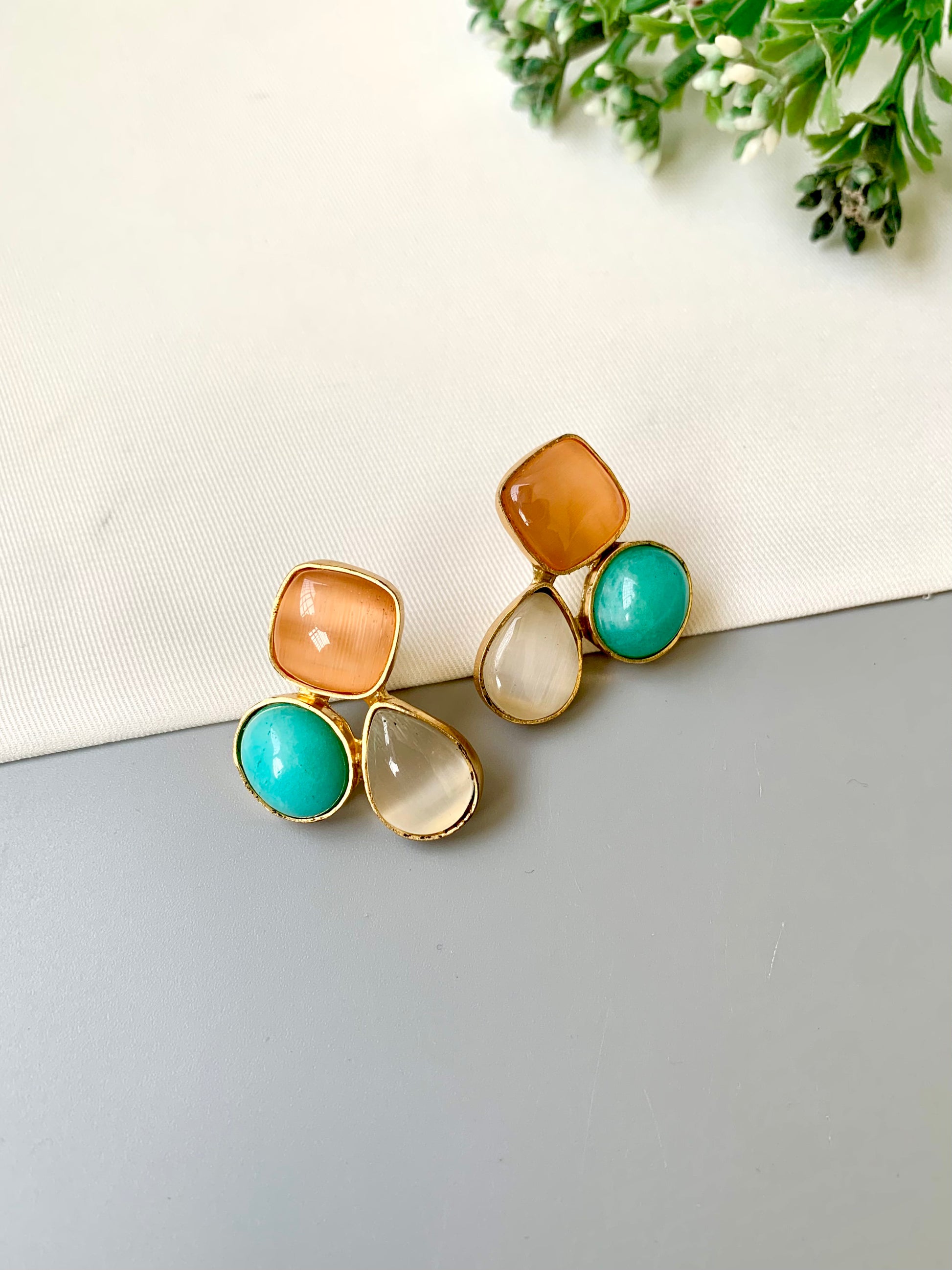 Handcrafted Elaris Studs in Feroza Peach with semi-precious turquoise and natural gemstones — 22kt gold plated by Zamal Jewels.