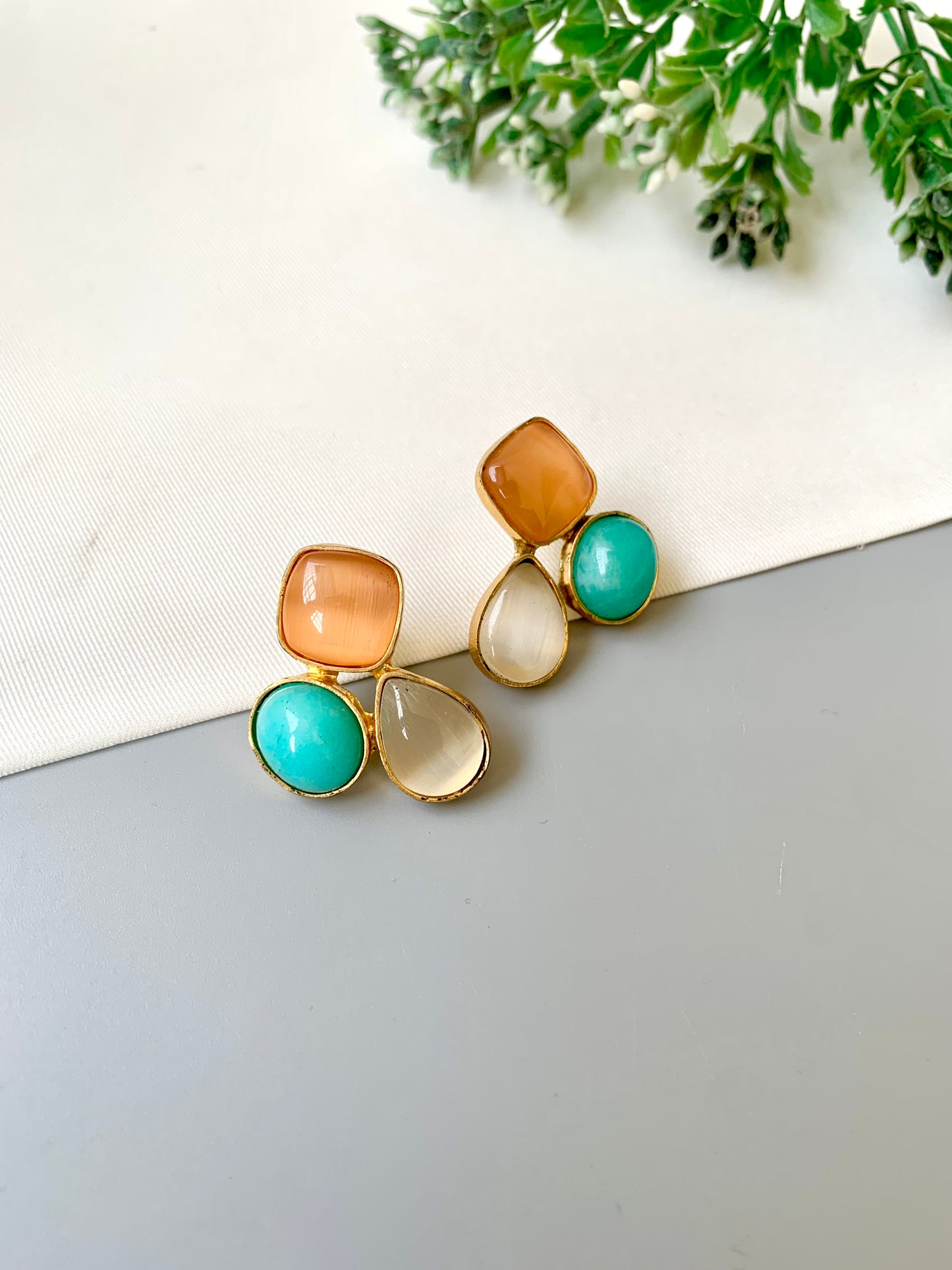 Handcrafted Elaris Studs in Feroza Peach with semi-precious turquoise and natural gemstones — 22kt gold plated by Zamal Jewels.