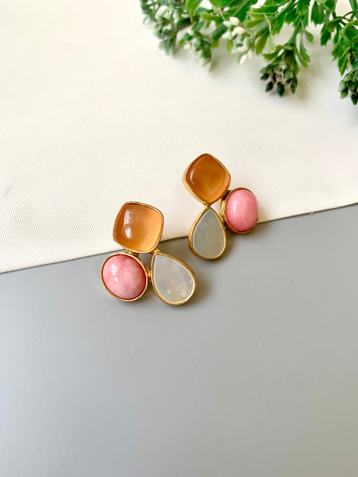 Handcrafted Elaris Studs in Peach Pink with real Mother of Pearl and semi-precious gemstones — 22kt gold plated by Zamal Jewels.