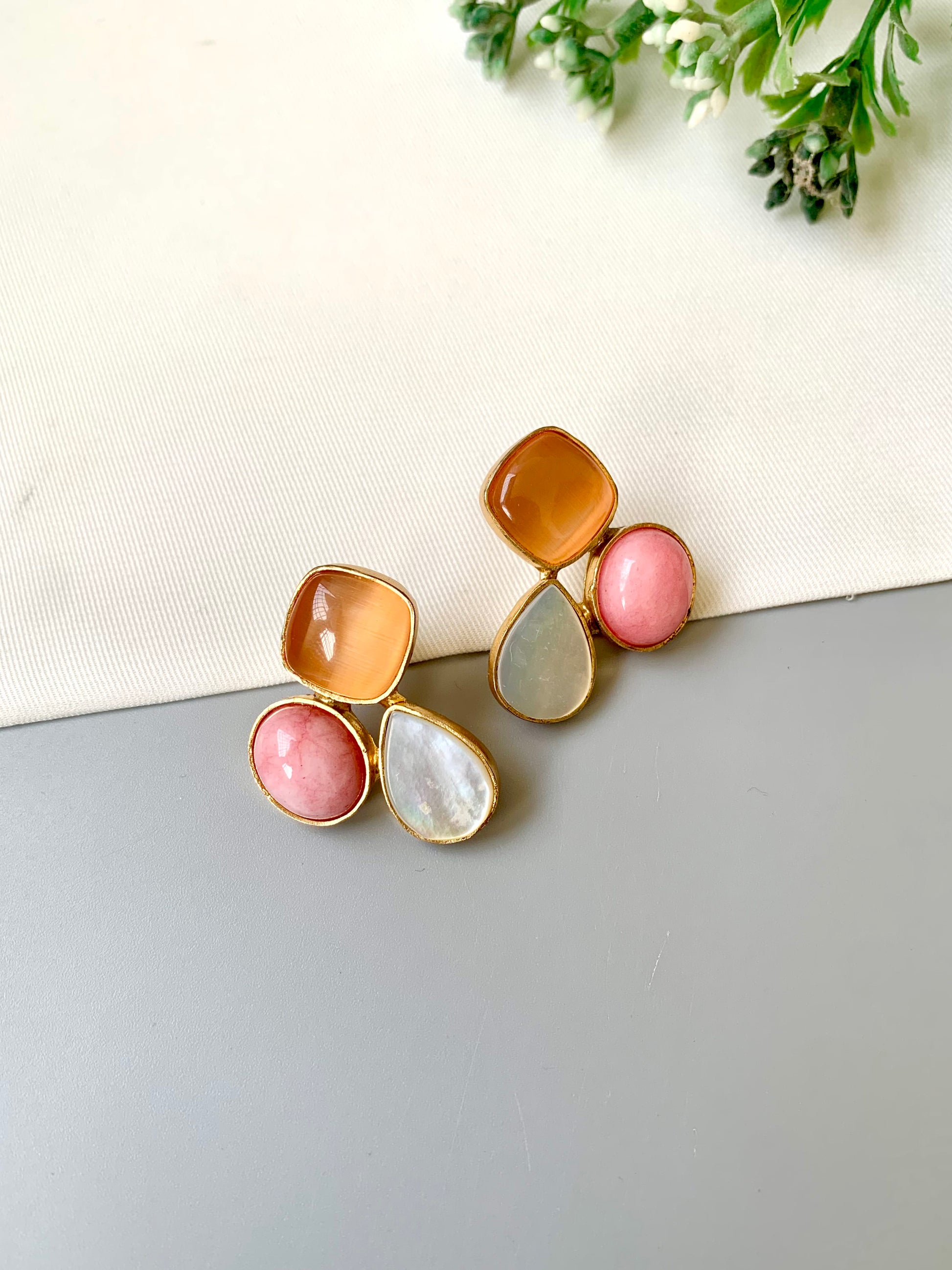 Handcrafted Elaris Studs in Peach Pink with real Mother of Pearl and semi-precious gemstones — 22kt gold plated by Zamal Jewels.