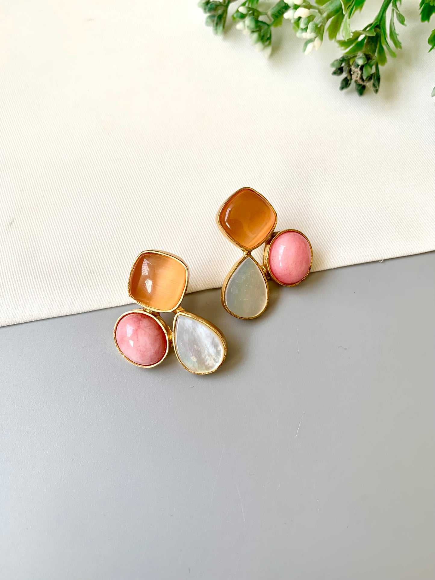 Handcrafted Elaris Studs in Peach Pink with real Mother of Pearl and semi-precious gemstones — 22kt gold plated by Zamal Jewels.