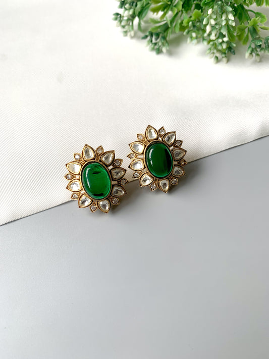 Handcrafted Eloria Emerald Studs with semi-precious emerald center, Polki Kundan, American Diamonds, and 22kt gold plating – Zamal Jewels