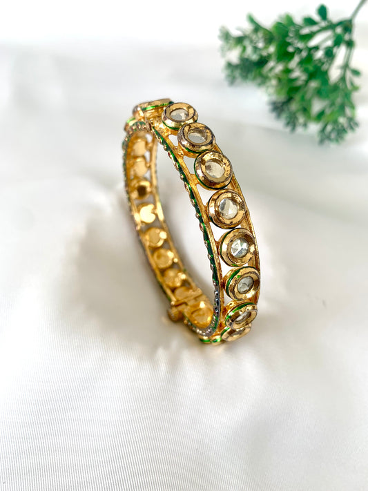 Handcrafted openable gold bangle with Kundan stones and hand-painted Meena work by Zamal Jewels