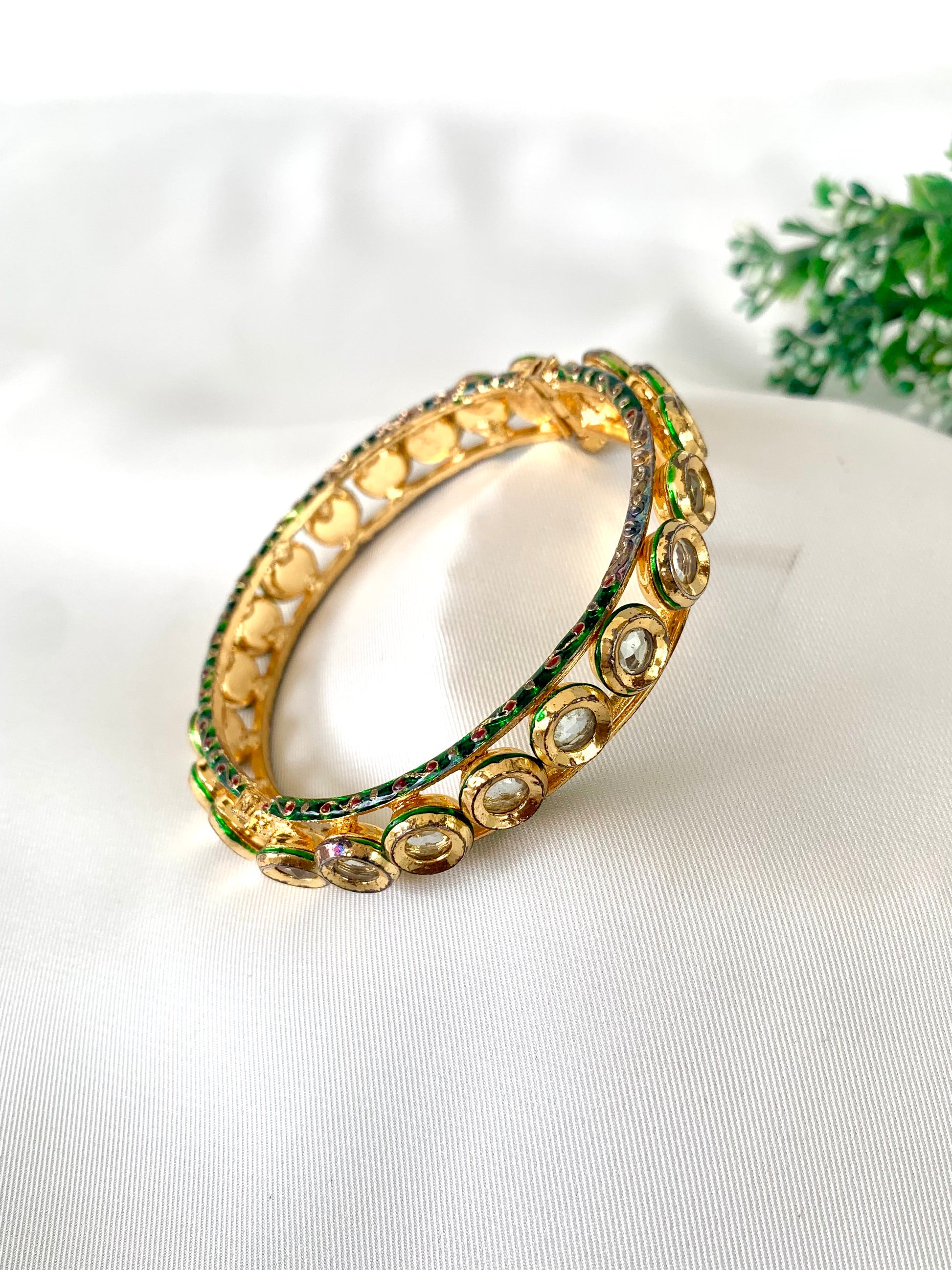 Handcrafted openable gold bangle with Kundan stones and hand-painted Meena work by Zamal Jewels
