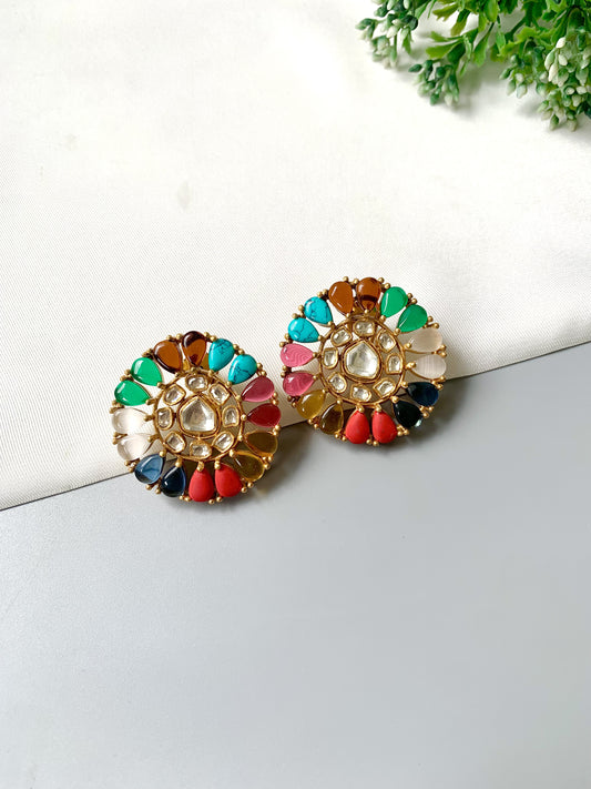 Handcrafted Aurelia Nauraatan Studs with Polki Kundan in 22kt Victorian gold plating