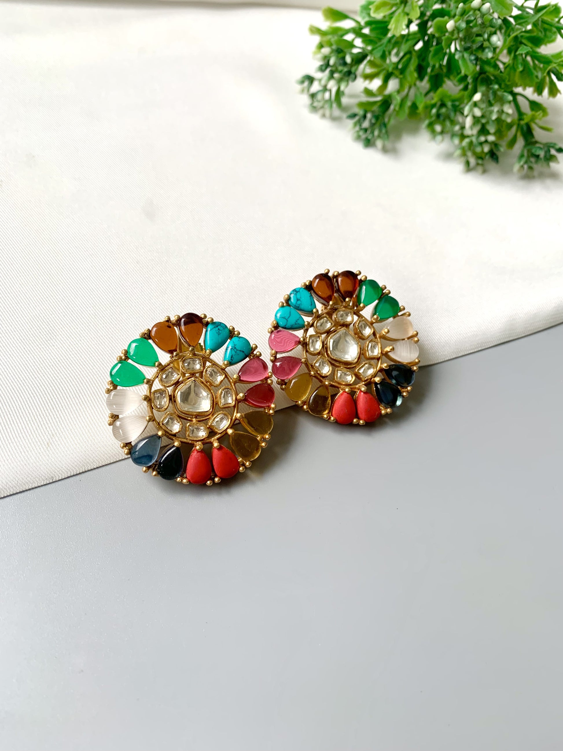Handcrafted Aurelia Nauraatan Studs with Polki Kundan in 22kt Victorian gold plating