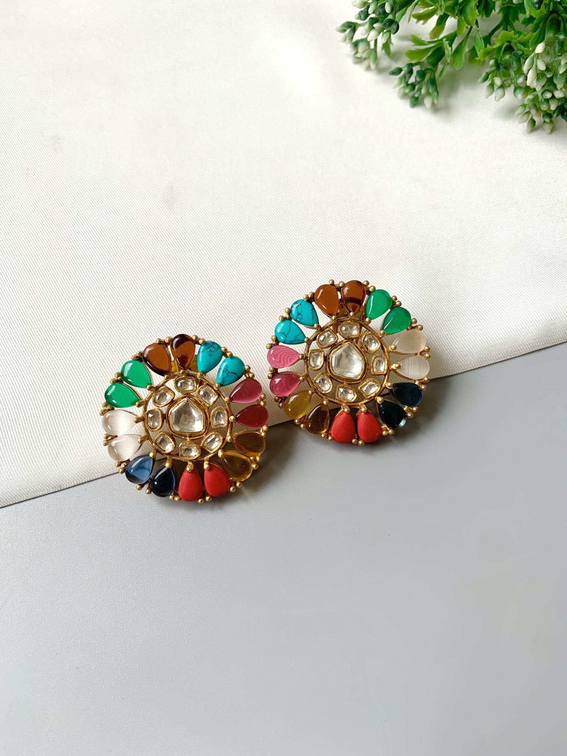 Handcrafted Aurelia Nauraatan Studs with Polki Kundan in 22kt Victorian gold plating