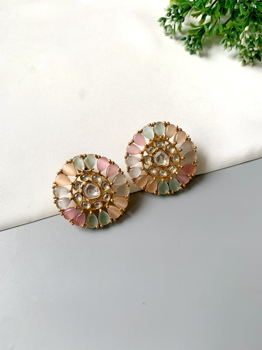 Handcrafted Aurelia Studs with pastel Nauraatan stones & Polki Kundan in 22kt Victorian gold plating