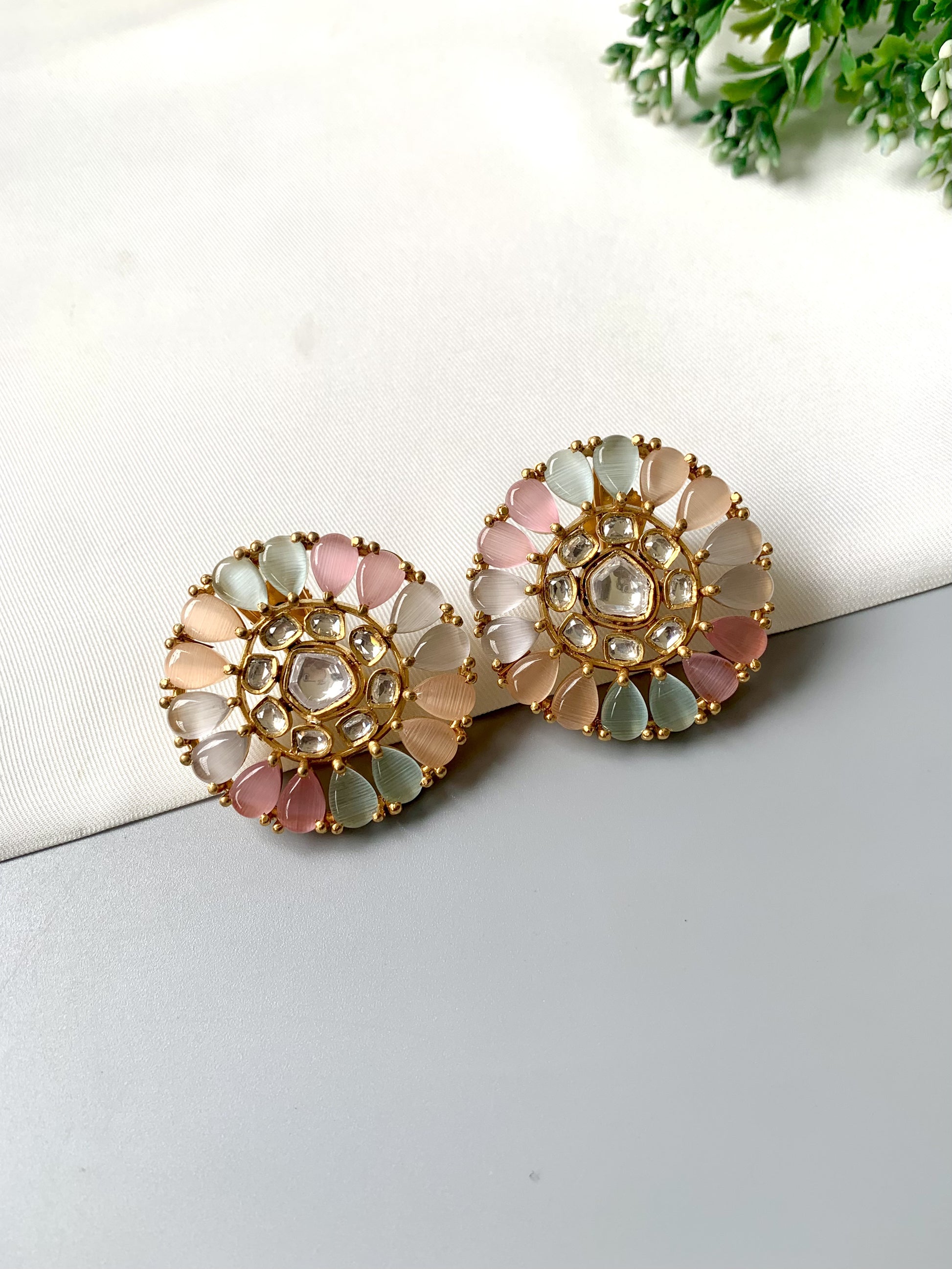 Handcrafted Aurelia Studs with pastel Nauraatan stones & Polki Kundan in 22kt Victorian gold plating