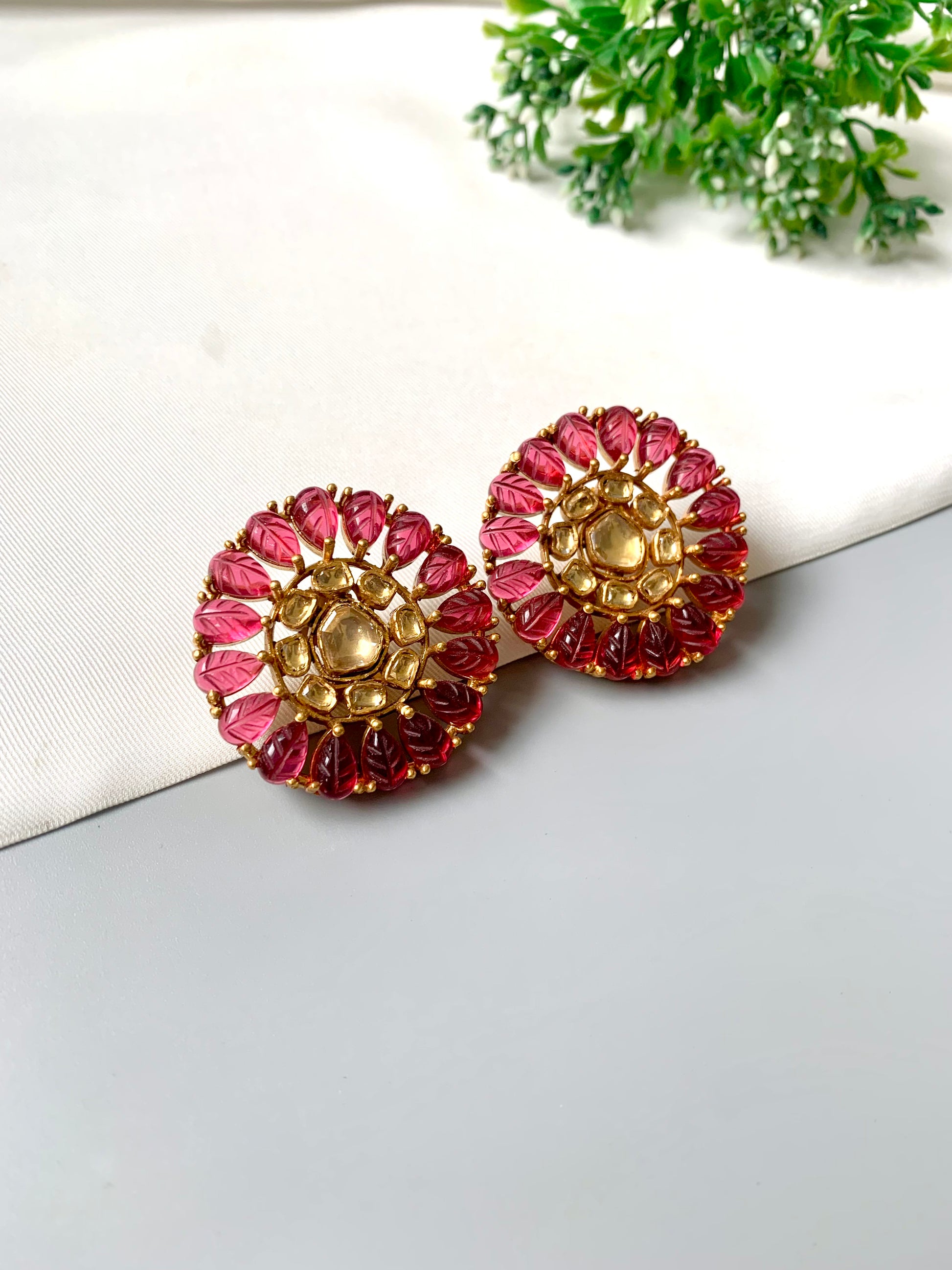 Ruby variant: Handcrafted Aurelia Studs with Ruby stones & Polki Kundan in 22kt Victorian gold plating
