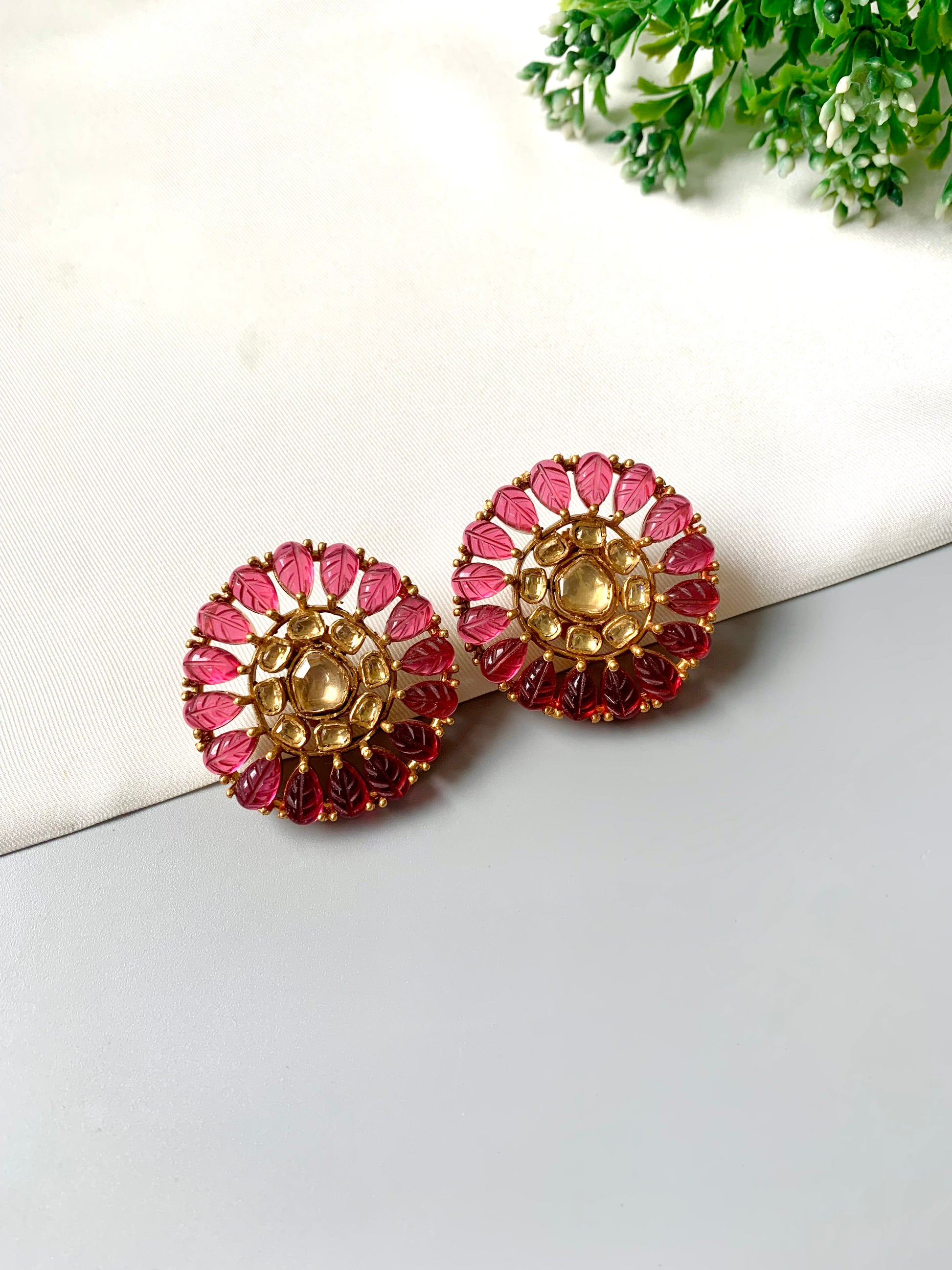 Ruby variant: Handcrafted Aurelia Studs with Ruby stones & Polki Kundan in 22kt Victorian gold plating