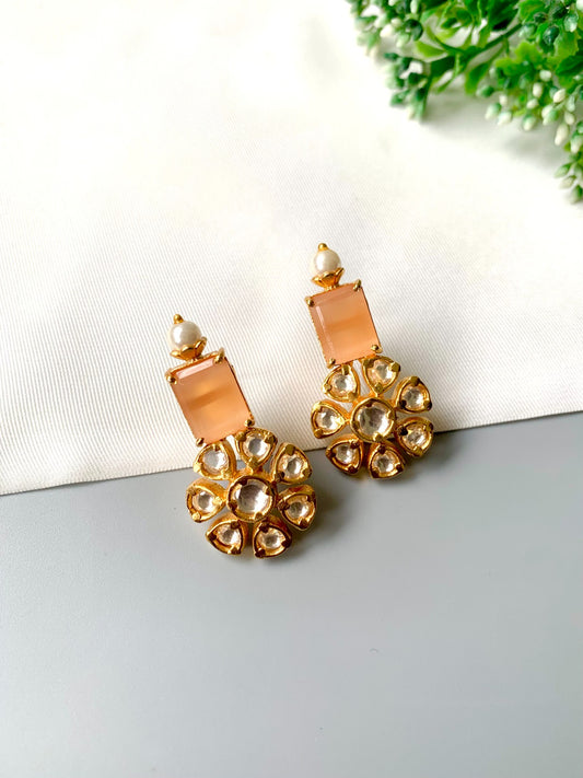 Handcrafted earrings with Polki Kundan, Orange Onyx, and semi-precious pearls in 22kt gold plating by Zamal Jewels