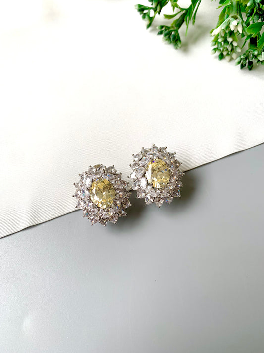 Handcrafted rhodium plated stud earrings with semi-precious Citrine center stone and American Diamonds in platinum finish, by Zamal Jewels