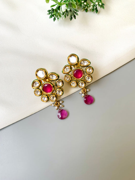Handcrafted Mehira Ruby Kundan Earrings in 22kt gold plating with Bikanairi Kundan and semi-precious ruby by Zamal Jewels.