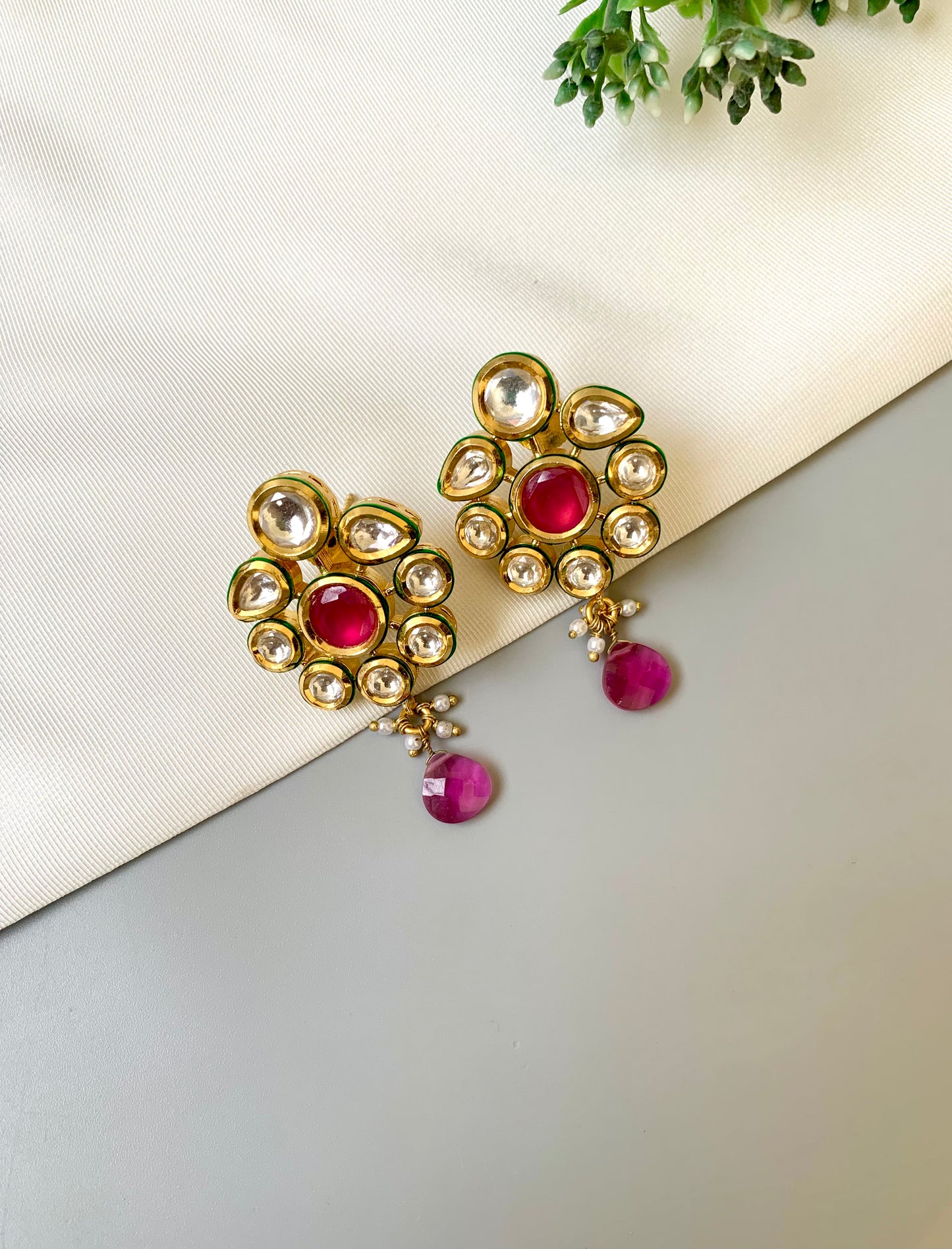 Handcrafted Mehira Ruby Kundan Earrings in 22kt gold plating with Bikanairi Kundan and semi-precious ruby by Zamal Jewels.