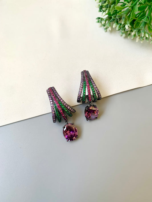 Handcrafted rhodium plated oxidized earrings with American diamonds and ruby emerald amethyst stones