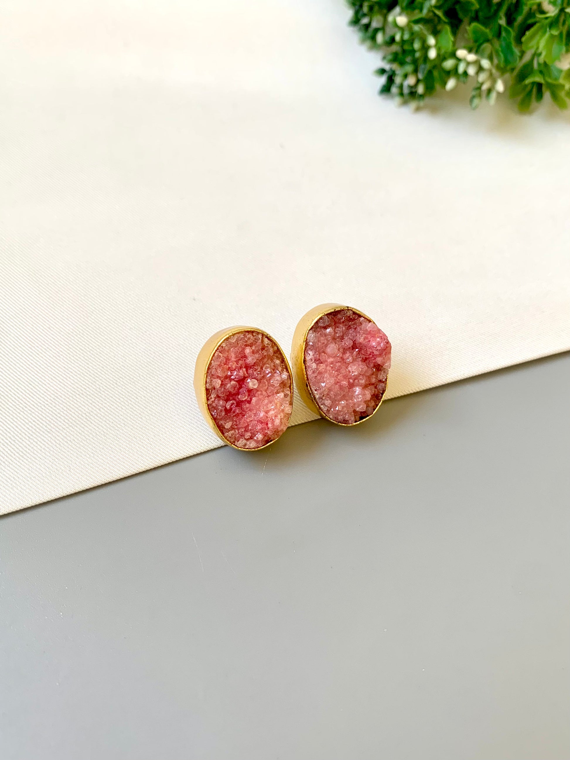 Handcrafted 22kt gold plated pink sugar druzee stone studs
