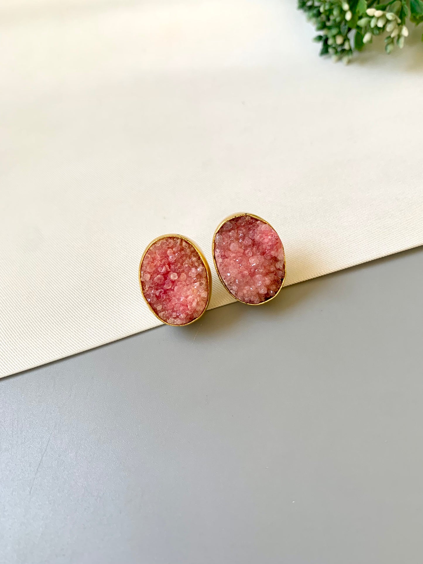 Handcrafted 22kt gold plated pink sugar druzee stone studs