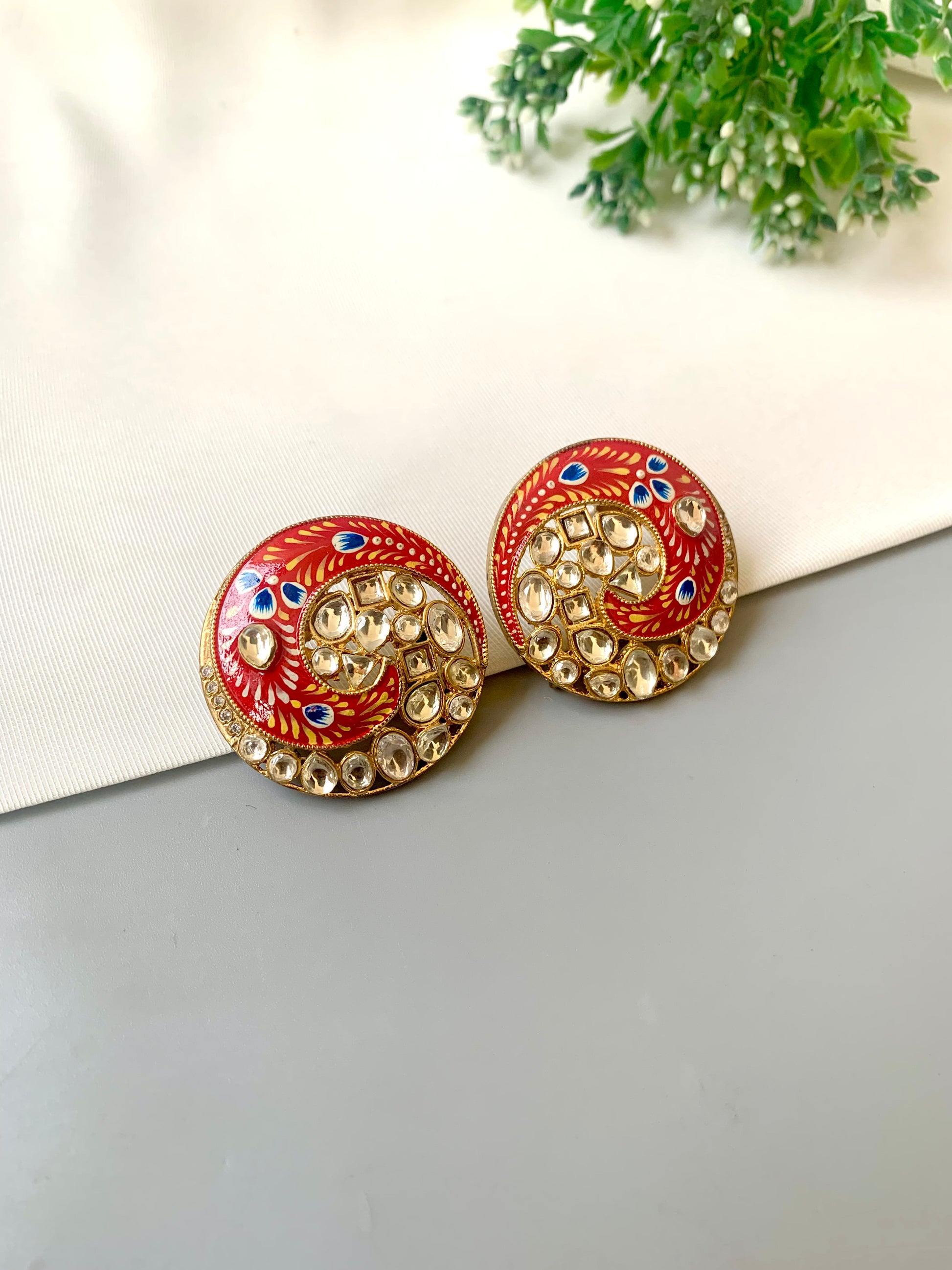 Oversized 22kt gold plated Polki Kundan studs with hand-painted Meena by Zamal