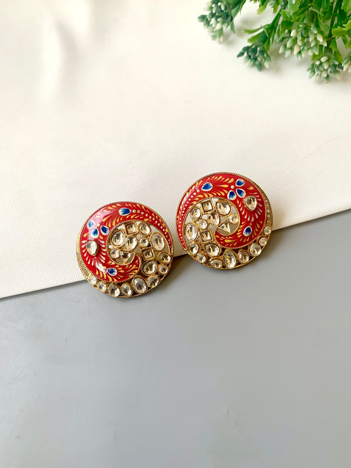 Oversized 22kt gold plated Polki Kundan studs with hand-painted Meena by Zamal