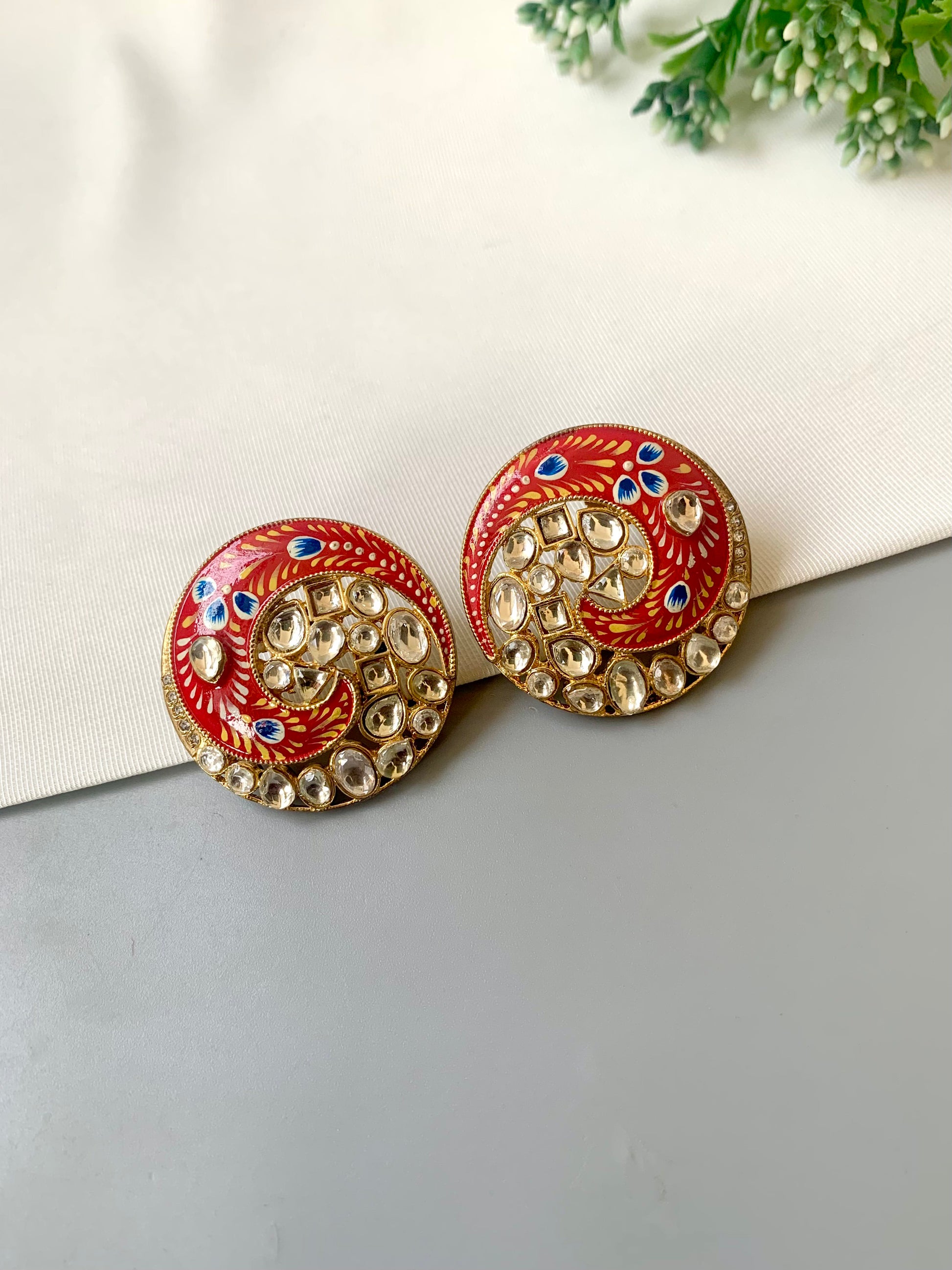 Oversized 22kt gold plated Polki Kundan studs with hand-painted Meena by Zamal